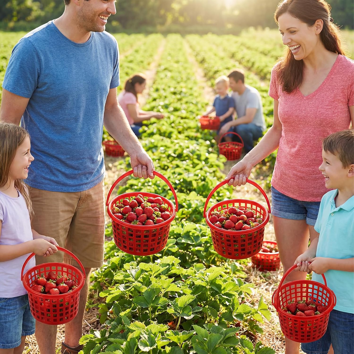 Sliner 30 Pack Berry Picking Baskets with Handle 2 Pint Plastic Strawberry Baskets for Harvesting Stackable Fruit Basket for Farmers Market Display Summer Party Fruit Container(Round)