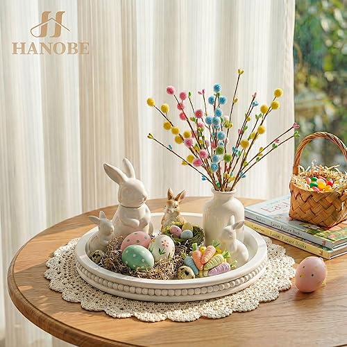 Miniatura 2 de Hanobe - Bandeja decorativa para mesa de café: Bandeja redonda con cuentas blancas, moderna, bandeja de servir de estilo granja, pieza central