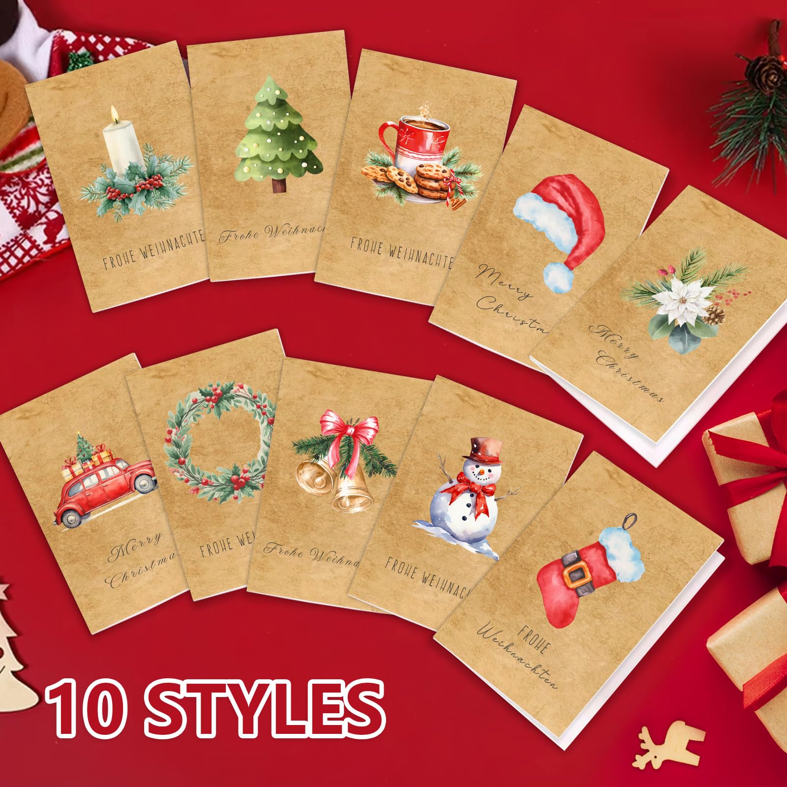 10 biglietti di Natale con albero di Natale con busta/busta, eleganti