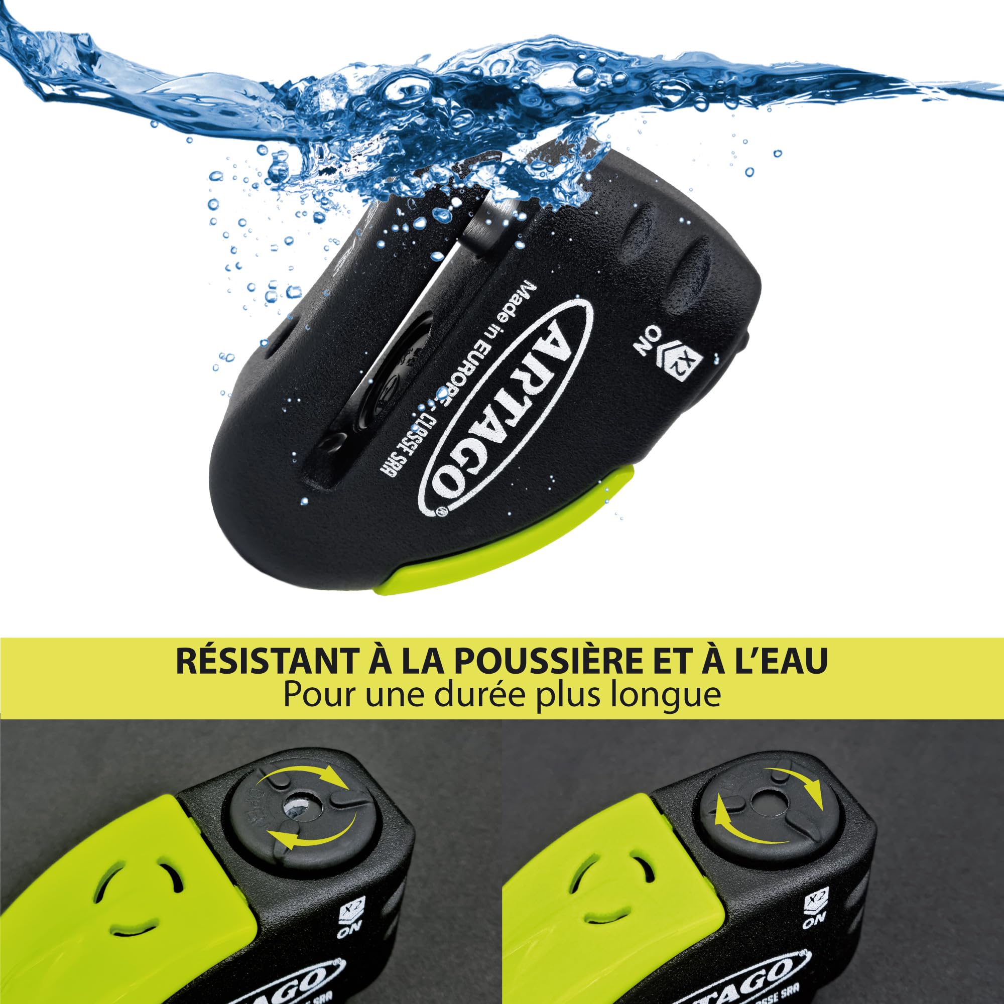 ARTAGO 30X14 Antivol Moto Haut de Gamme, Bloque Disque avec Alarme Intelligente Don't Touch 120dB LED, Homologué SRA & Sold Secure Gold, Blindage Anti-Perçage 5mm, Bloc Endurci Double Verrouillage Ø14