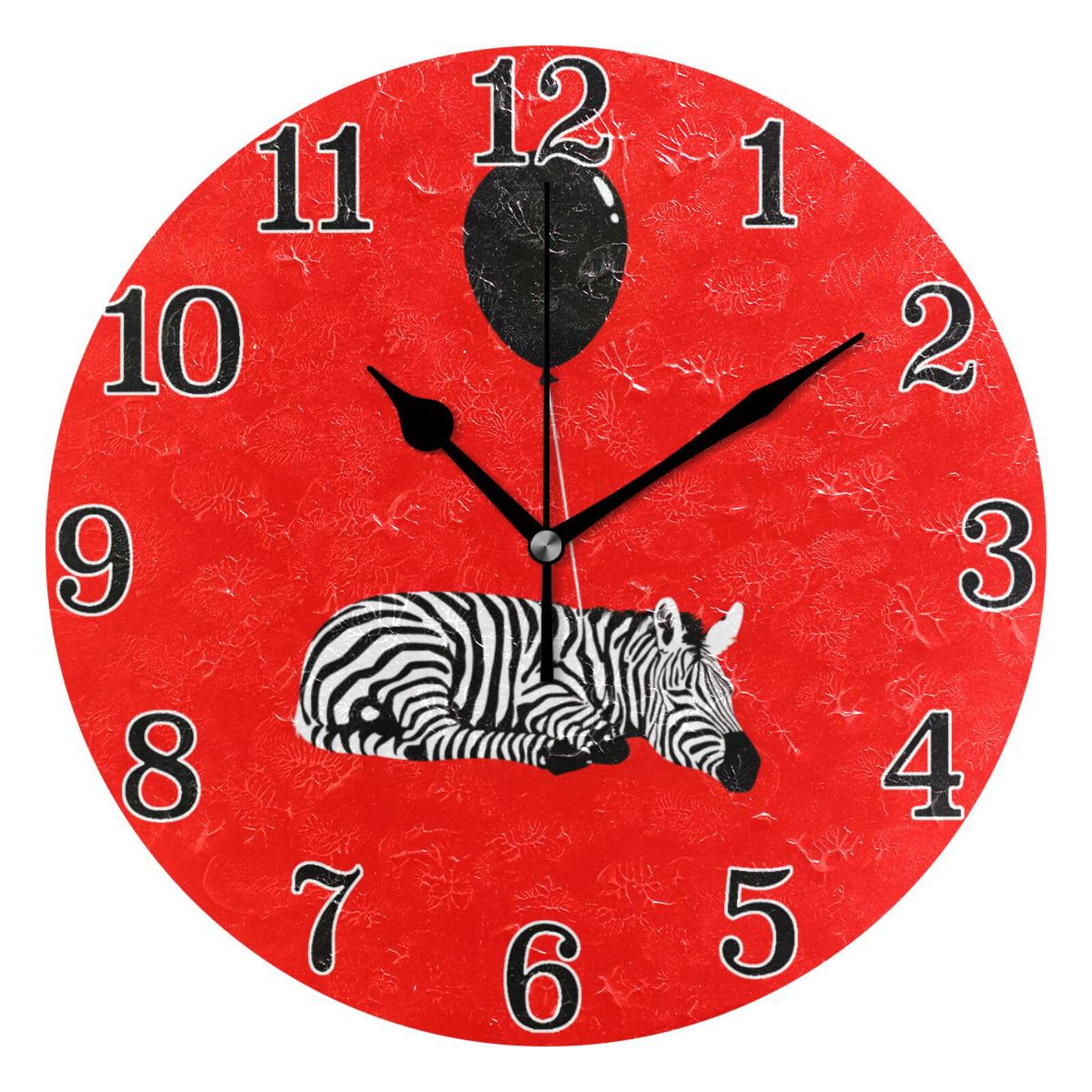 Horloge murale ronde Lazy Zebras minimaliste rouge 25,4 cm pour salon
