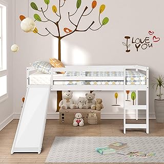 GLCHQ Multifunctional Design Solid Wood Twin Kids Loft Bed with Slide for Boys & Girls Bedroom (White)