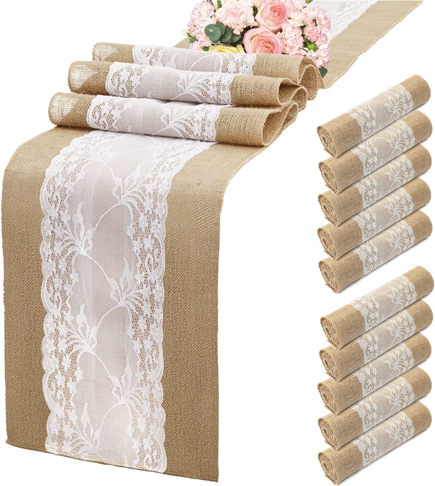 Burlap Table Runner 10 Packs, Burlap Lace Table Runner 108 Lnches Long, 100% Jute Burlap Runners, Rustic Home Decor for Wedding Reception, Thanksgiving, Christmas&Farmhouse Party