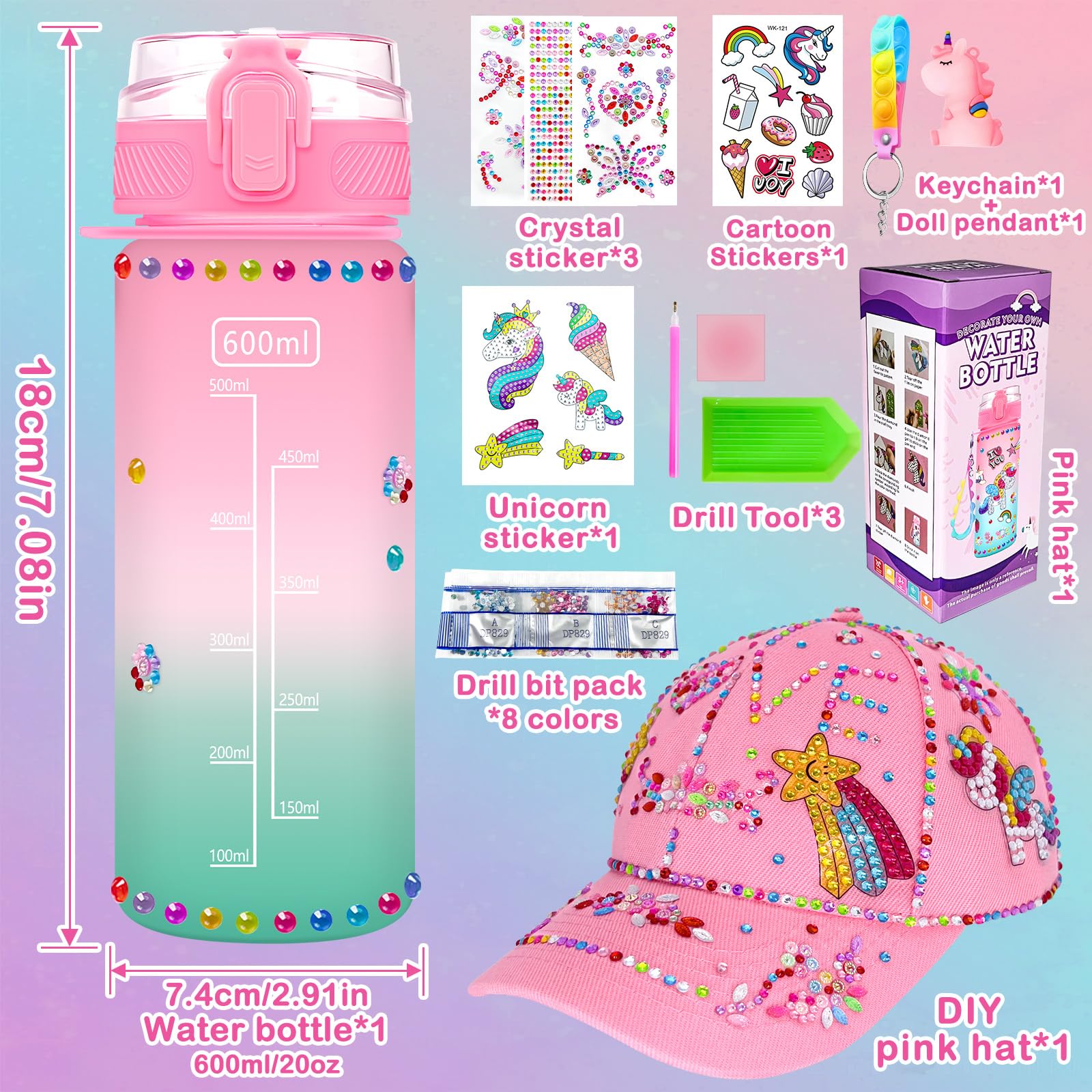 NlsqEU Borraccia per Bambini Unicorno, 600ml Unicorno Regalo Bambina 4 5 6 7 8 9 10 Anni, Borraccia Bambino Kit e Berretto Regali per Ragazze Bambini & Baseball