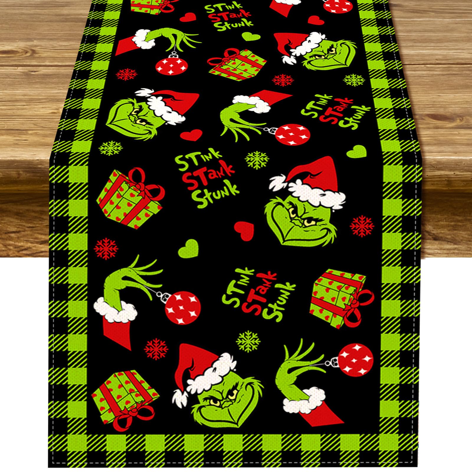 Pudodo Christmas Table Runner Merry Christmas Buffalo Plaid Check Winter Holiday Party Decoration Fireplace Kitchen Dining Home Decor (Black and Green