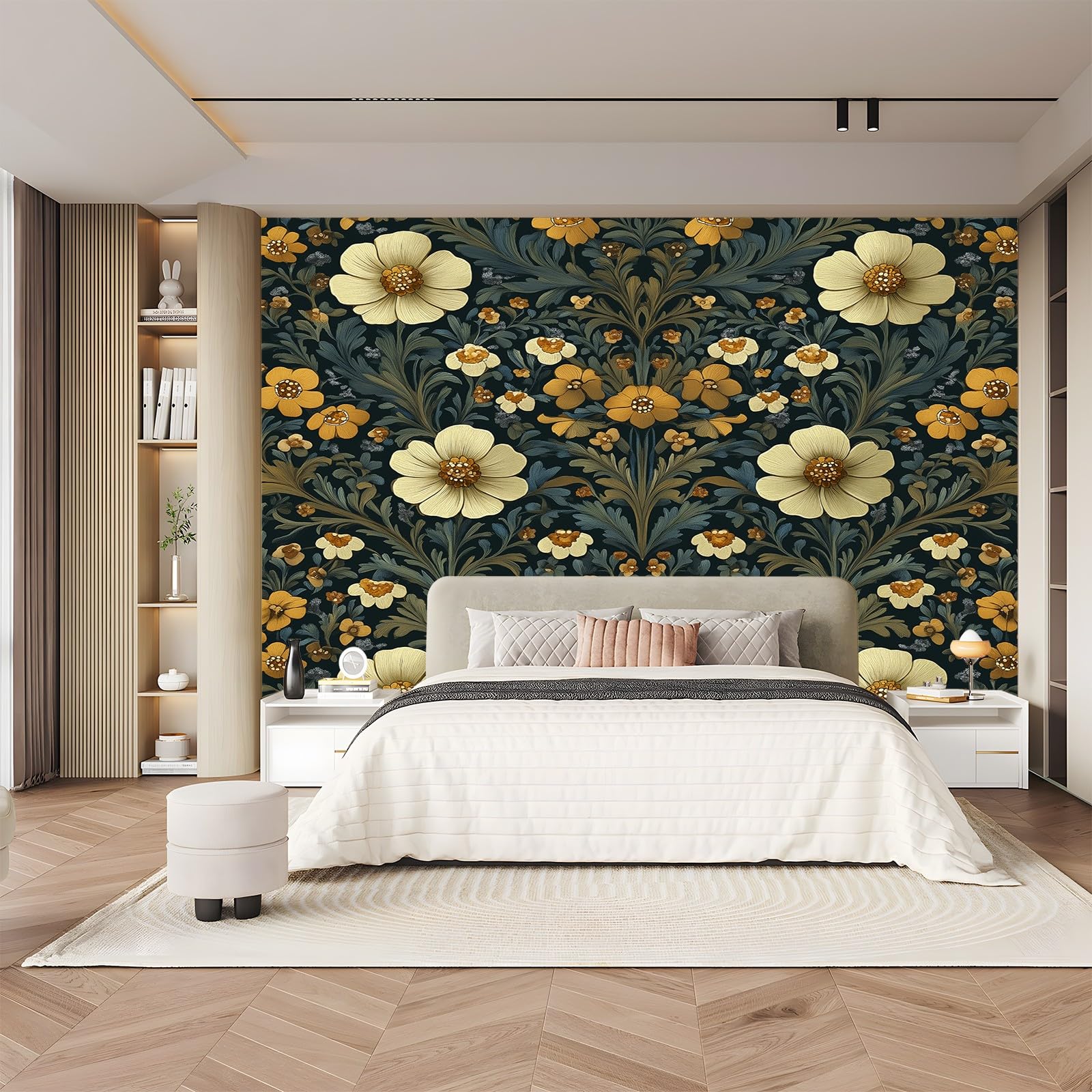 Panoramiczna tapeta z nadrukiem abstrakcyjnych liści i kwiatów fototapeta z włókniny 400 x 280 cm do salonu pokój dziecięcy restauracja mieszkanie dekoracja ścienna ciemnozielona