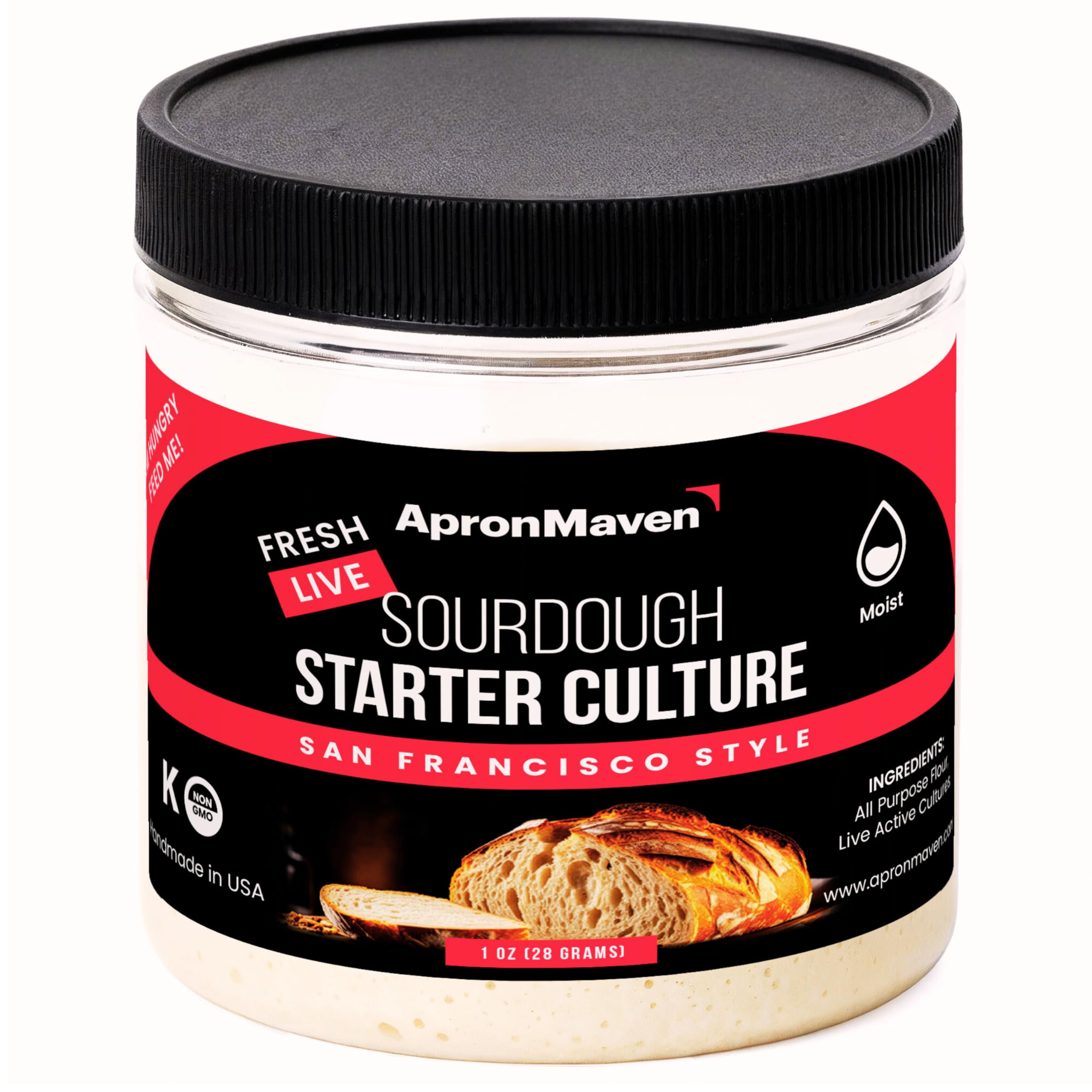 Apron Maven Premium Sourdough Starter Culture - Chewy Tangy San Francisco Style - Fresh Live Liquid Sour Dough in Jar - With Simple Beginner Friendly Feeding Instructions and Customer Support for Homemade Bread Baking Supplies