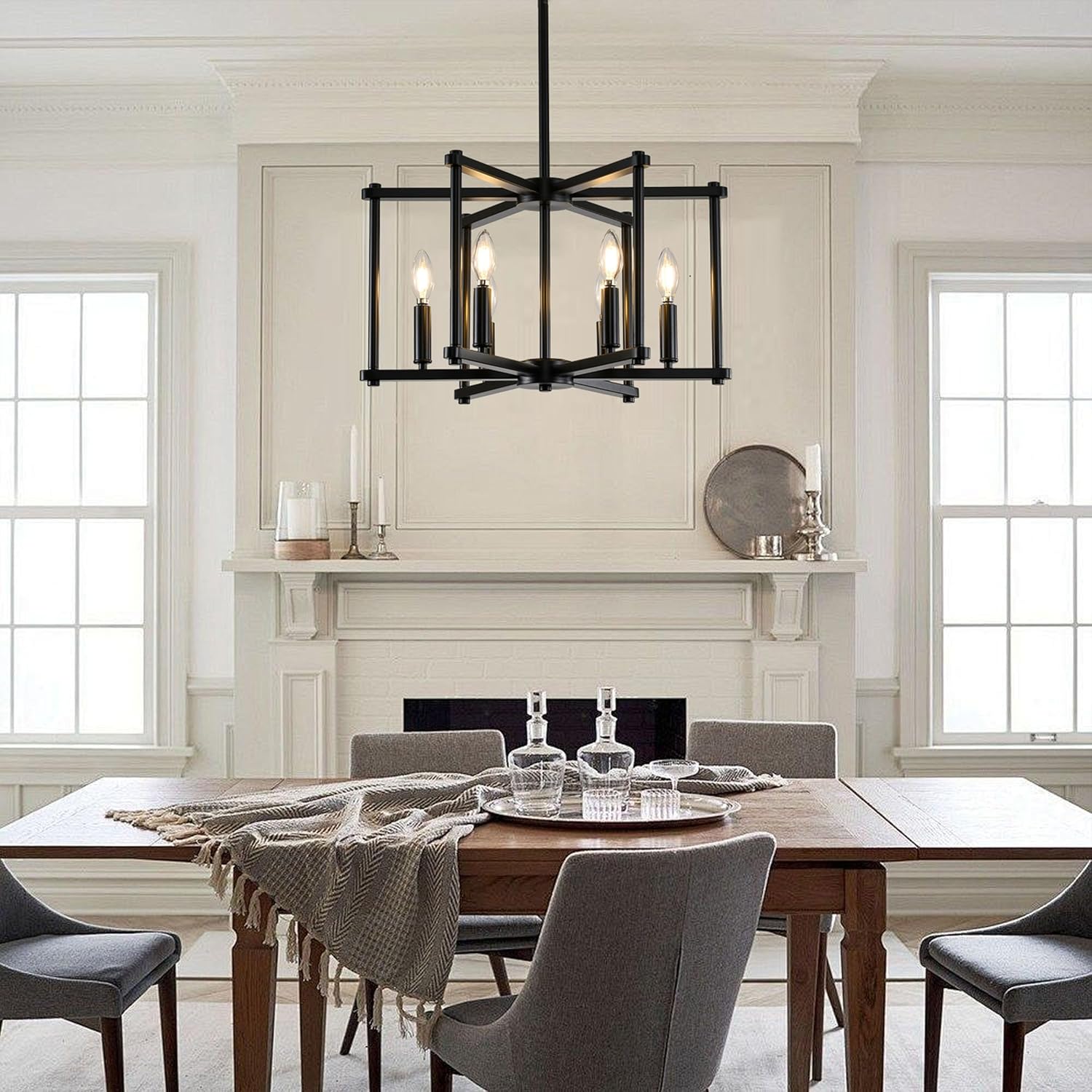 Black Farmhouse Chandelier, 6-Light Geometric Dining Room Light Fixture, Modern Industrial Ceiling Light for Entryway & Foyer, E12 Base