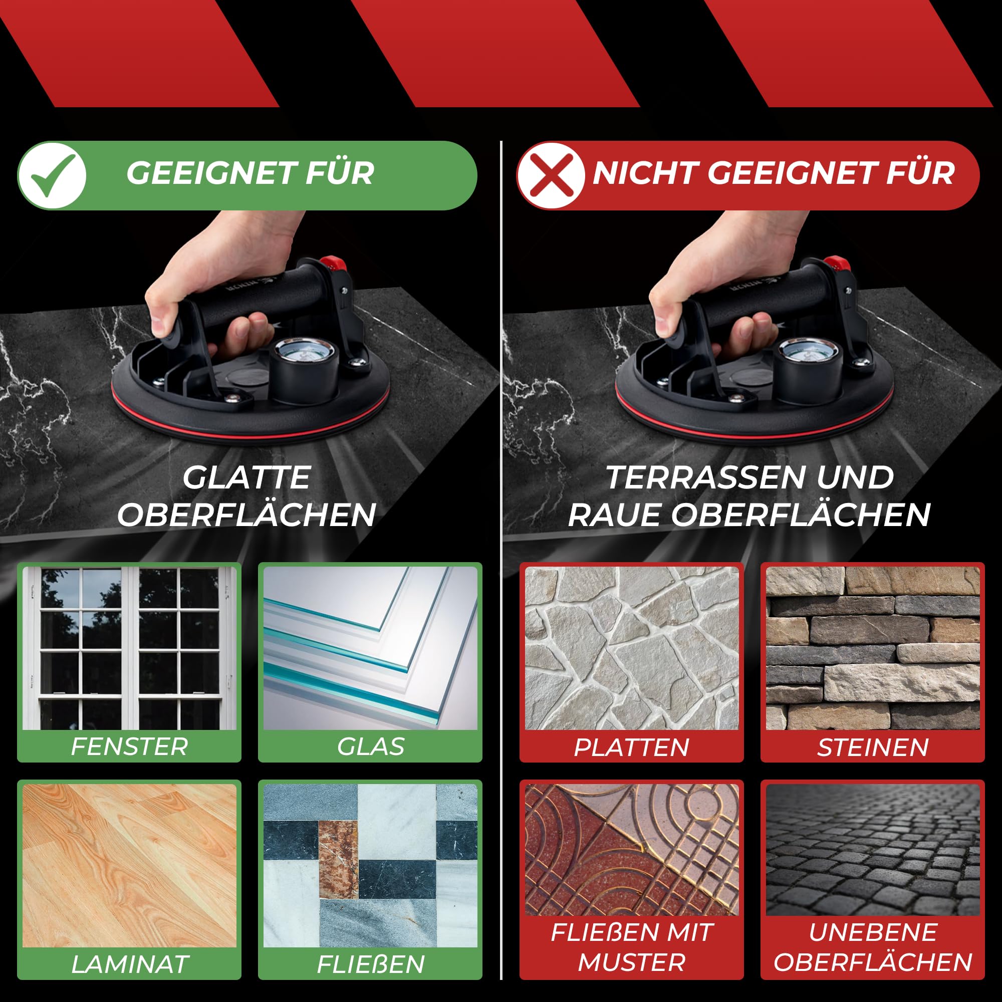 Saugheber 2er Set - Robuste Glasheber für Glas, Fenster, Laminat, Fliesen, nur für glatte Oberflächen – NICHT FÜR TERASSENPlATTEN UND RAUE OBERFLÄCHEN - Vakuumheber Saugnäpfe für Fenster
