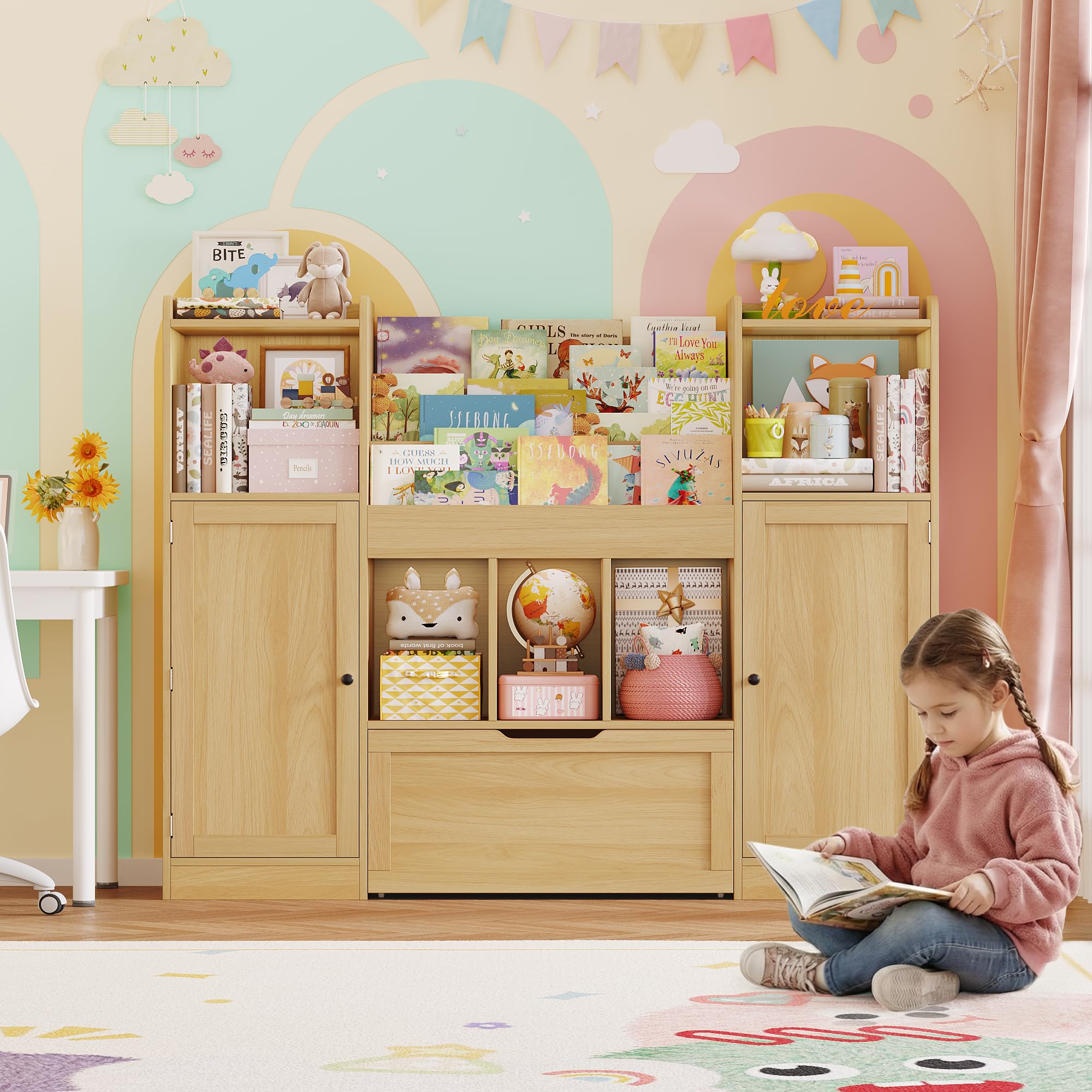 FOREHILL Meuble Rangement Enfant Bibliothèque Enfant 140x30x108.2cm, Blanc | Rangement jouet enfant et livres, 10 rangement derrière 2 portes, 1 grand tiroir roulant, Bibliothèque enfant salle de jeu