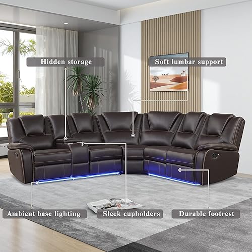 Miniatura 9 de Lifeand Moderno sillón reclinable manual de piel sintética con consola central y tira de luz, sofá simétrico de poliuretano con 2 portavasos y