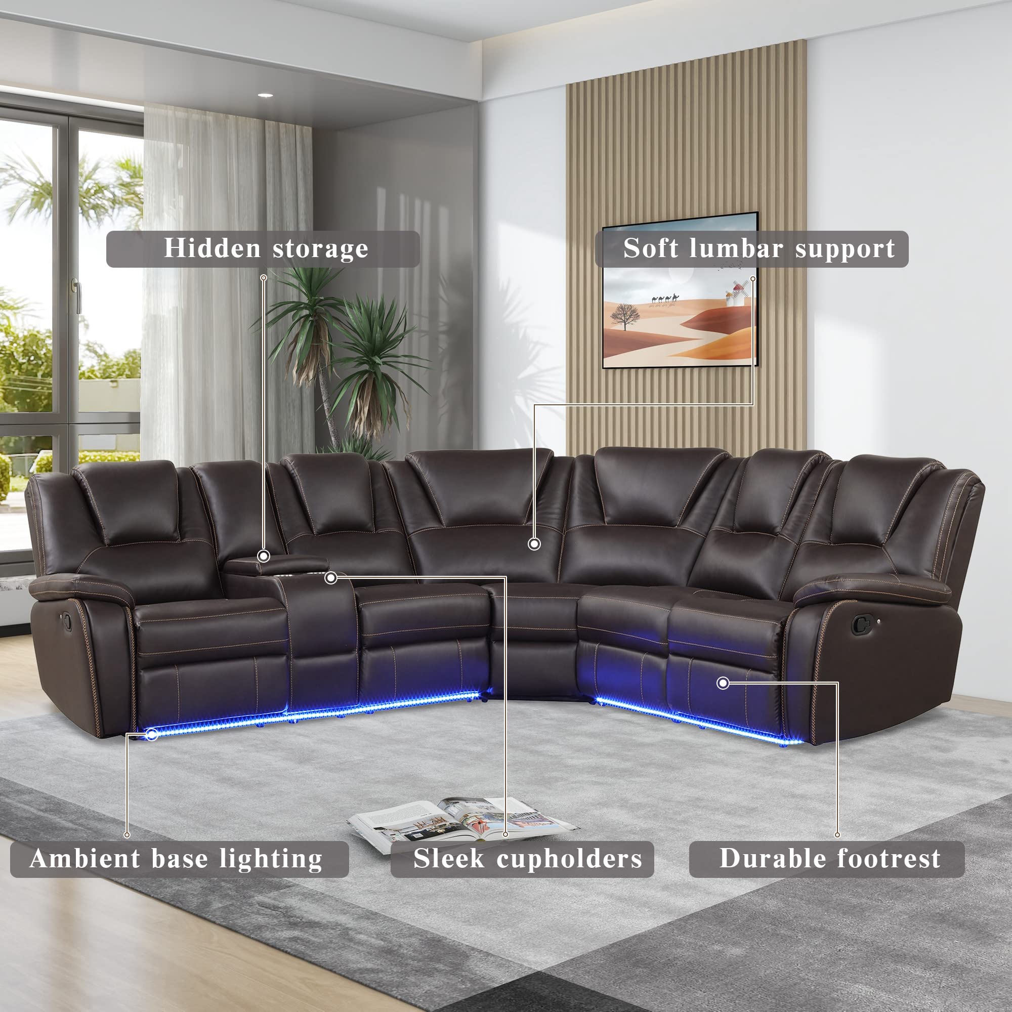 Eafurn 102.36" Manual Reclining Sectional Set w/Center Consoles,Faux Leather Upholstered Motion 2 Cup Holders Strips,Symmetrical Corner Sofa & Couches, Home Theater Lounge Seat, Brown w/Led Light