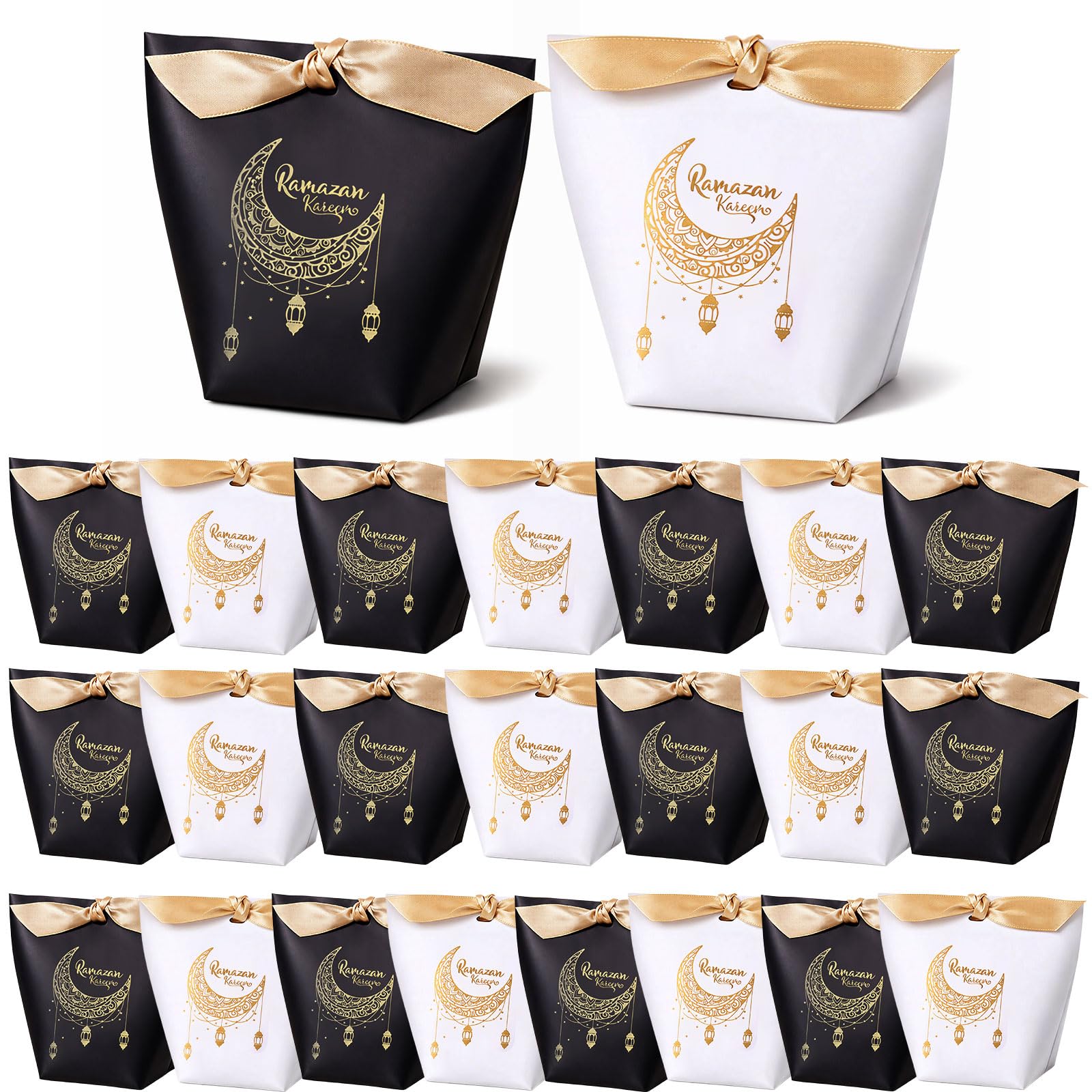 GWAWG Eid Mubarak Gift Bags, 24PCS Ramadan Mubarak Gift Bag Set with Gold Ribbons, Eid Mubarak Paper Gift Bags for Eid Sweets Chocolate Candy, Ramadan Gift Bags for Parties Family Friends, Eid Decorat