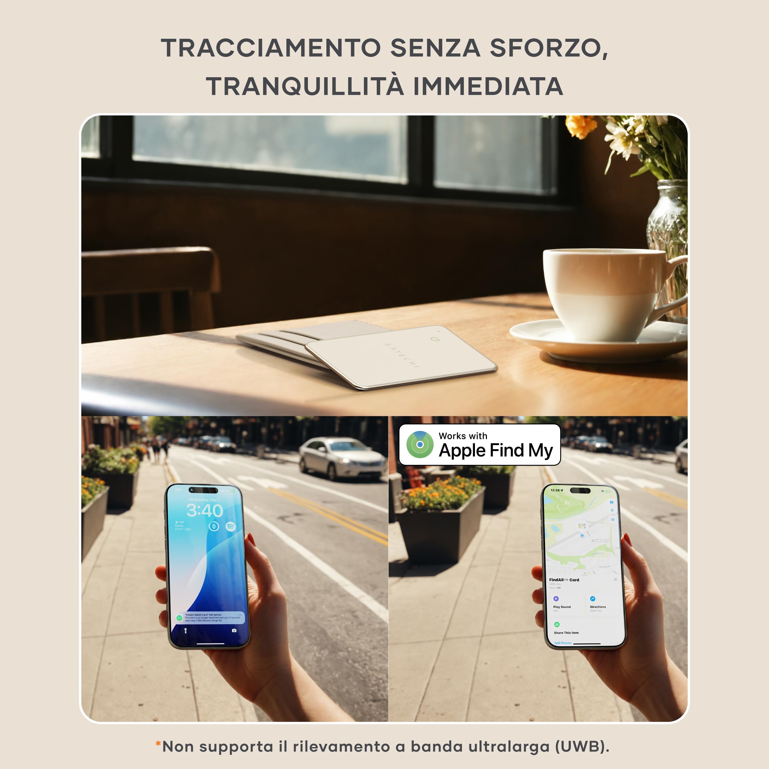 SATECHI FindAll GPS Tracker per Portafogli, Apple Find My, Beige | Localizzatore Bluetooth, ricarica wireless, avvisi di smarrimento potenti, per iPhone, iPad, Mac