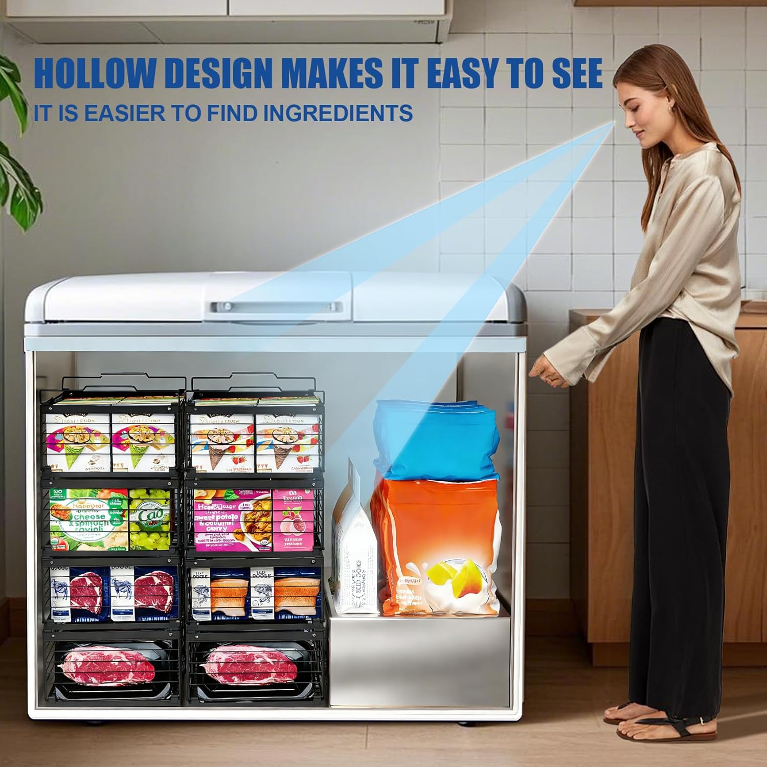 3PCS Freezer Organizer Bins,Stackable Chest Freezer Organizer for 7 Cu.FT Deep Freezer Sort Frozen Food, Easily Get Food from the Bottom with Side Handles Add Storage Space