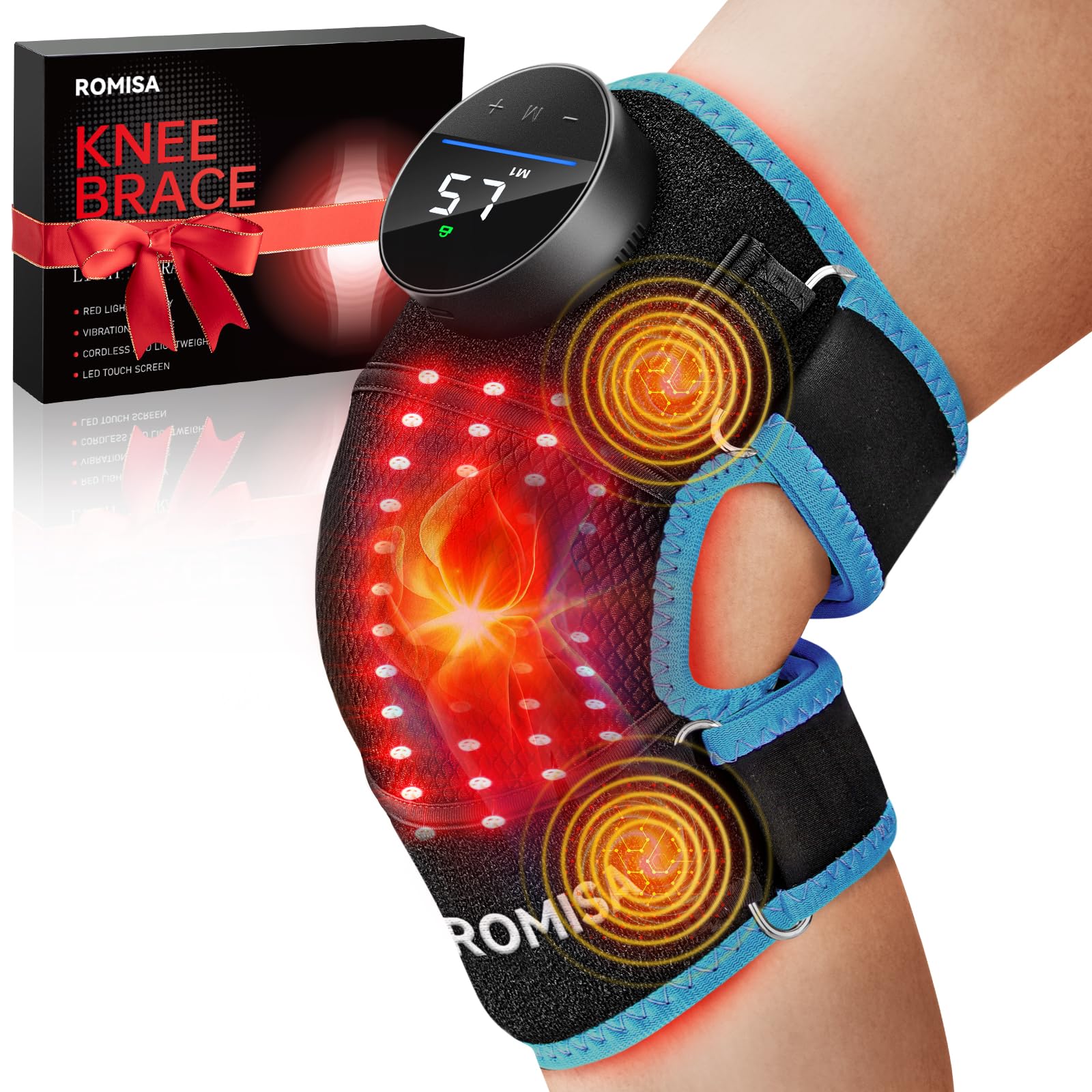 ROMISA Red Light Therapy Knee Brace Vibration Knee Massage 660nm 850nm Rechargeable Near Infrared Light Therapy Device for