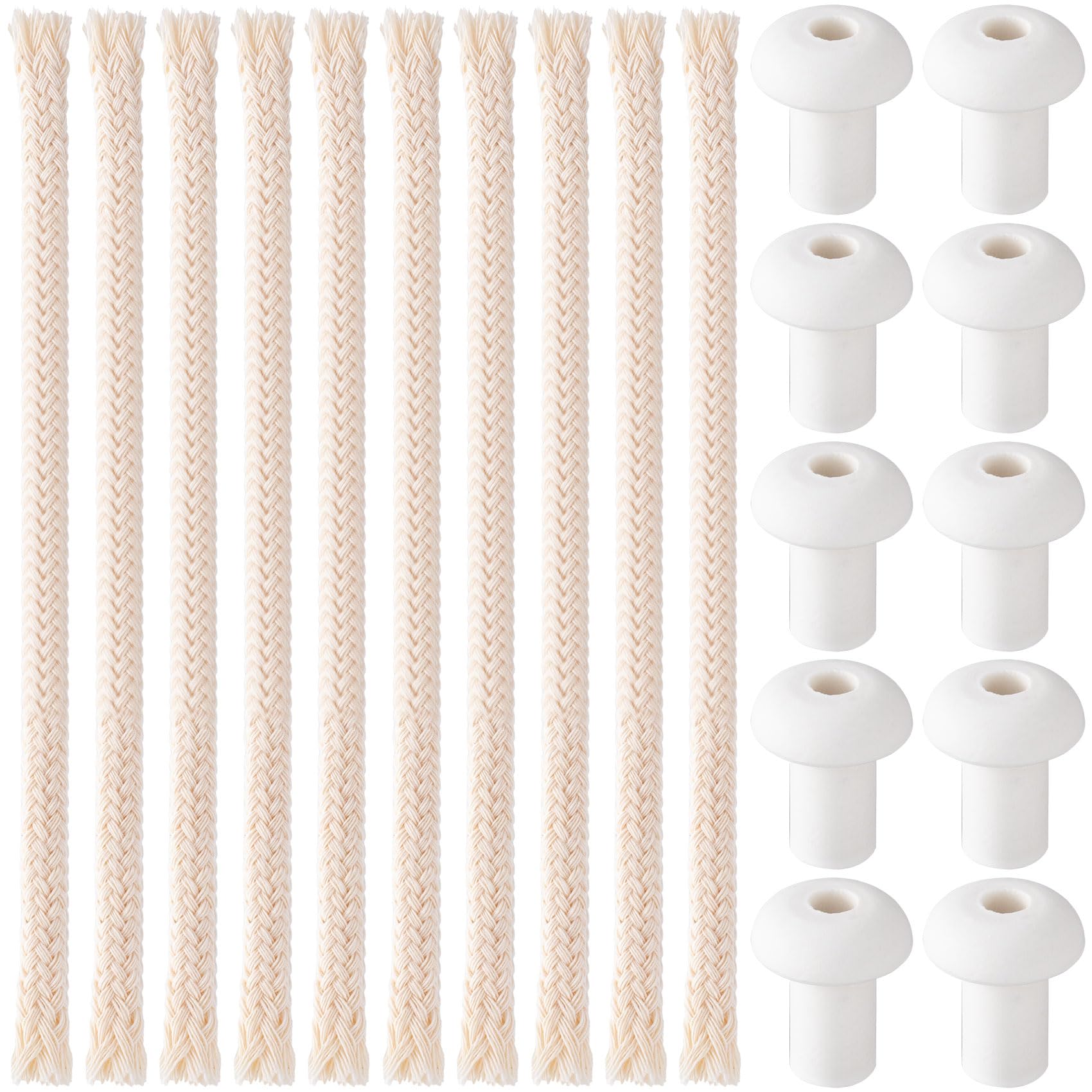 HINZIC 15 PCS 1/4" Round Oil Lamp Wicks with 10 PCS Holders 0.5FT Cotton Braided Lamp Wicks Replacement for Candle Lamp, Tiki Torches Alcohol Candle Burner Lampberger Kerosene Lamp