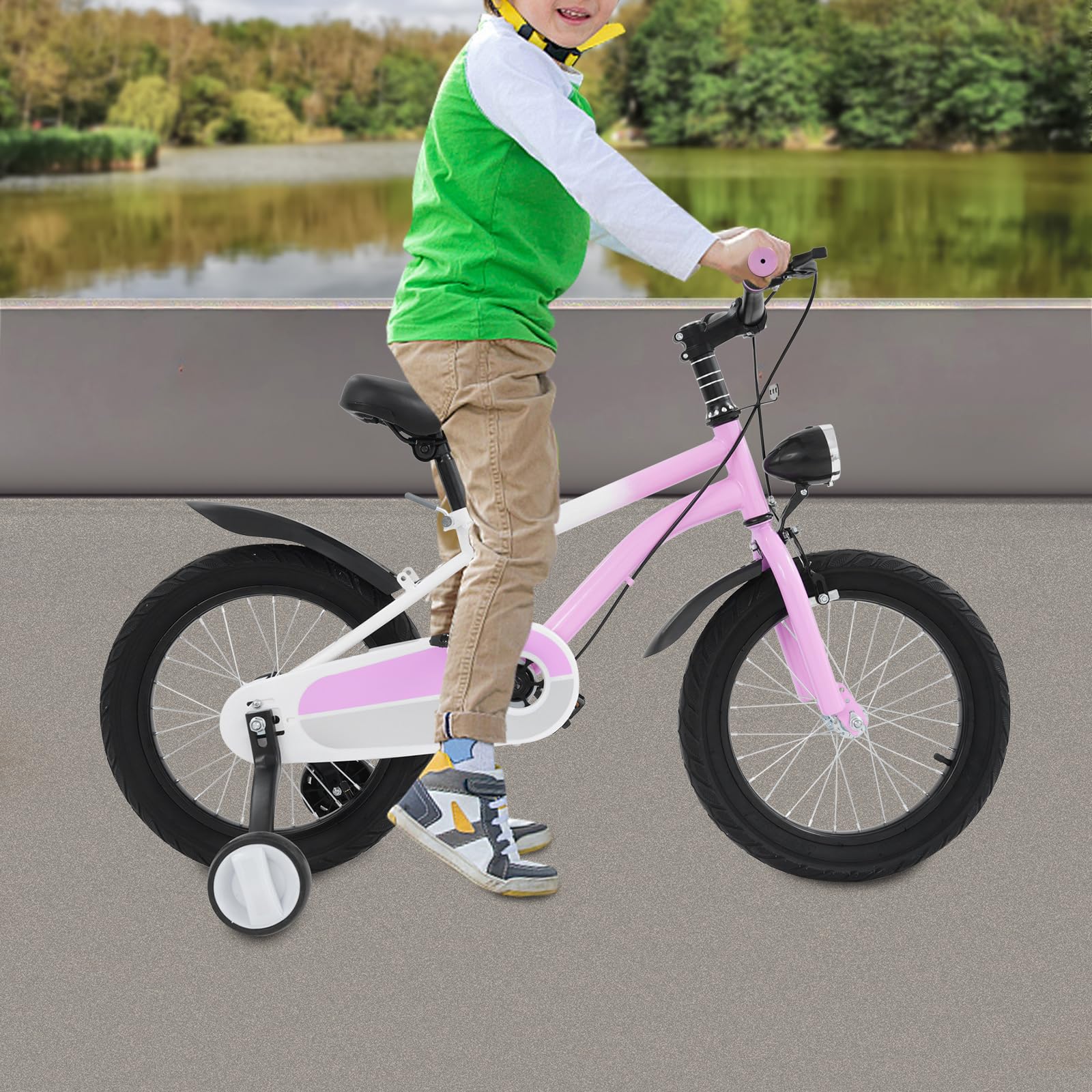 Bicicleta infantil 16 pulgadas freno disco luz LED ruedas estabilizadoras rosa ajustable sillín manillar carga 60 kg