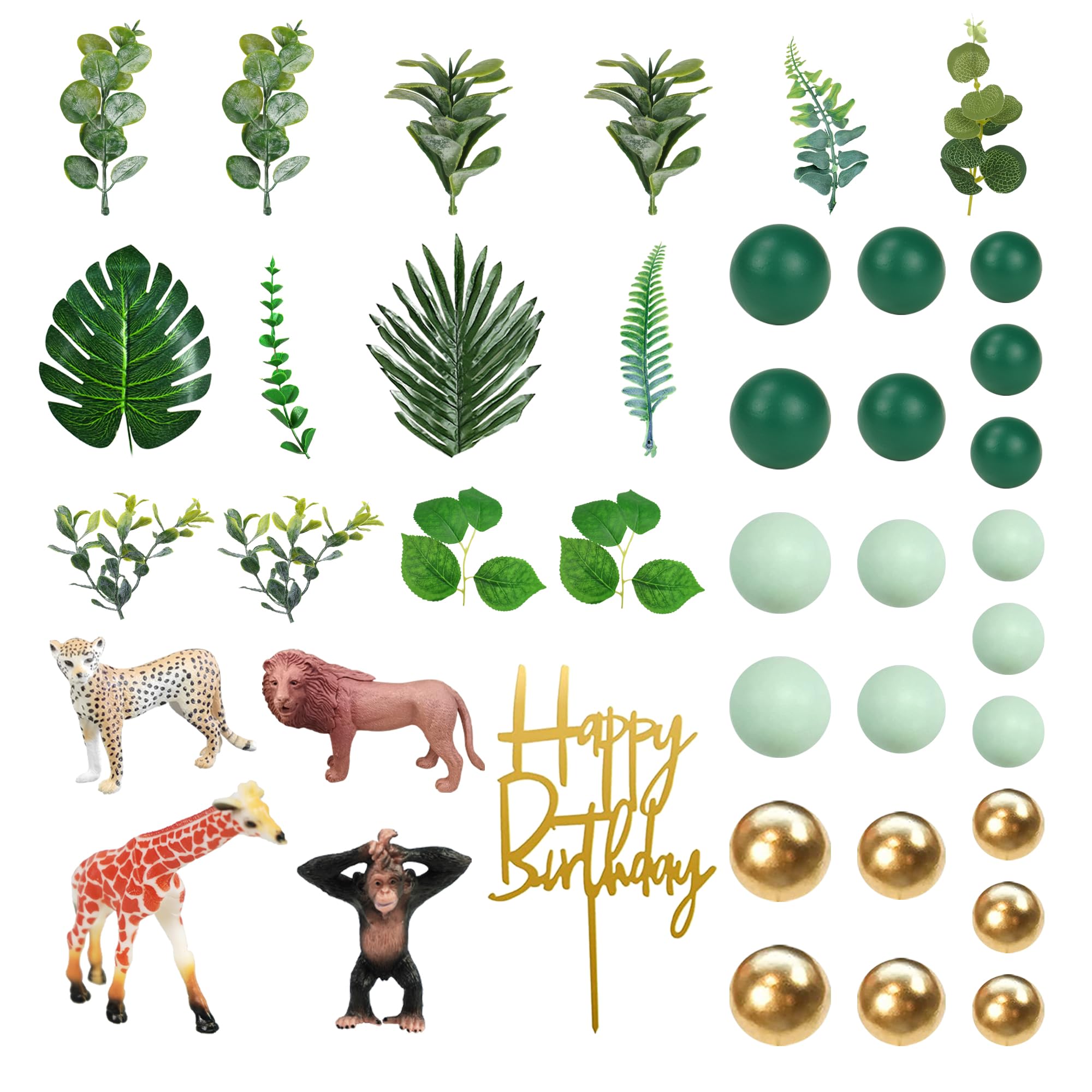 40 PCS Safari Jungle Cake Toppers Chimpanzee Monkey Cake Toppers Animals Figure Gold Palms Jungle Wild One Animals Cake Decorations for Safari Birthday Supplies