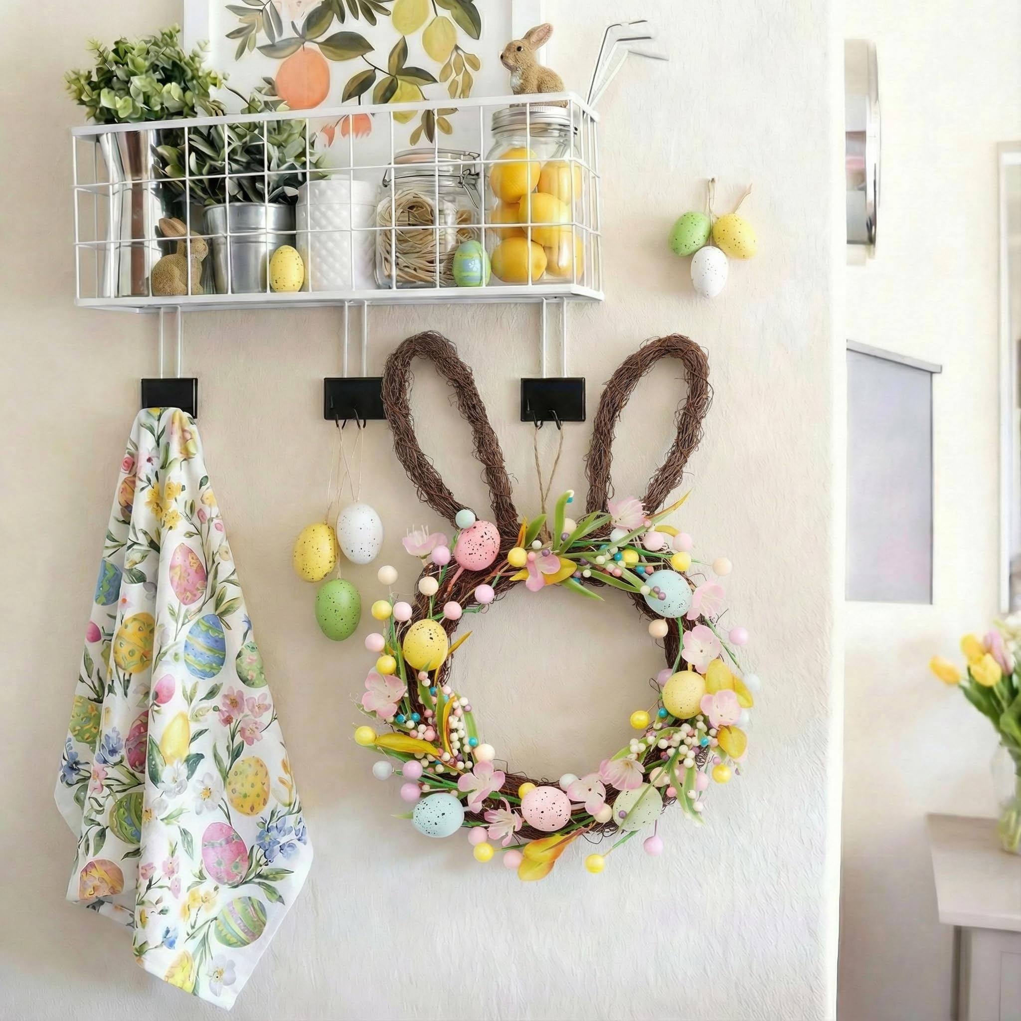 Valery Madelyn Ghirlanda di coniglietti pasquali per porta d'ingresso con luci, ghirlanda di coniglio pasquale decorazione con uova pastello, ghirlanda artificiale primaverile per casa, interni ed
