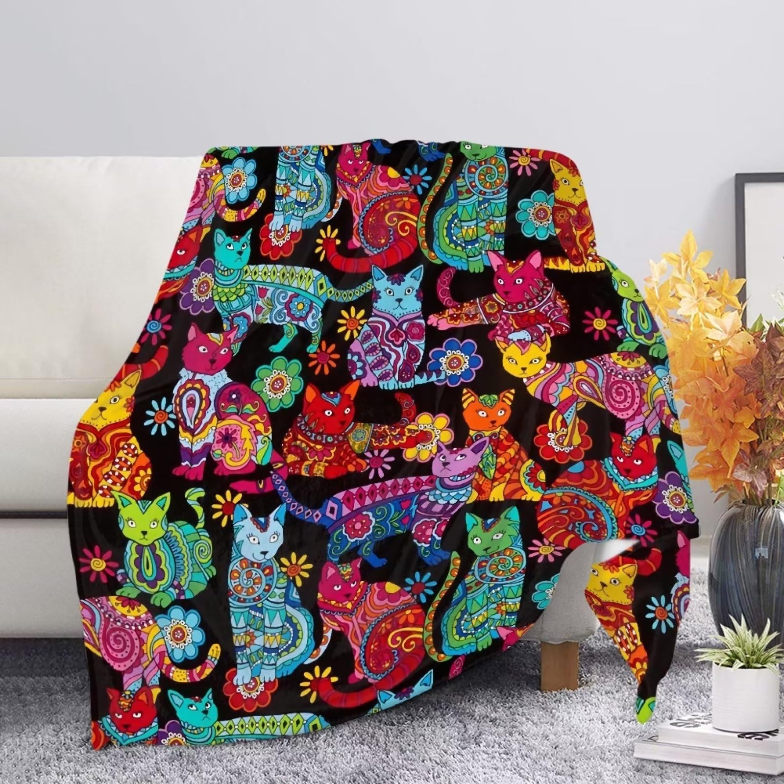 xixirimido Boho Cat Throw Blanket Durable Plush Fleece Colorful Cat Throw for Boys Girls Office Soft Flannel Throws Bedding Soft Comfy