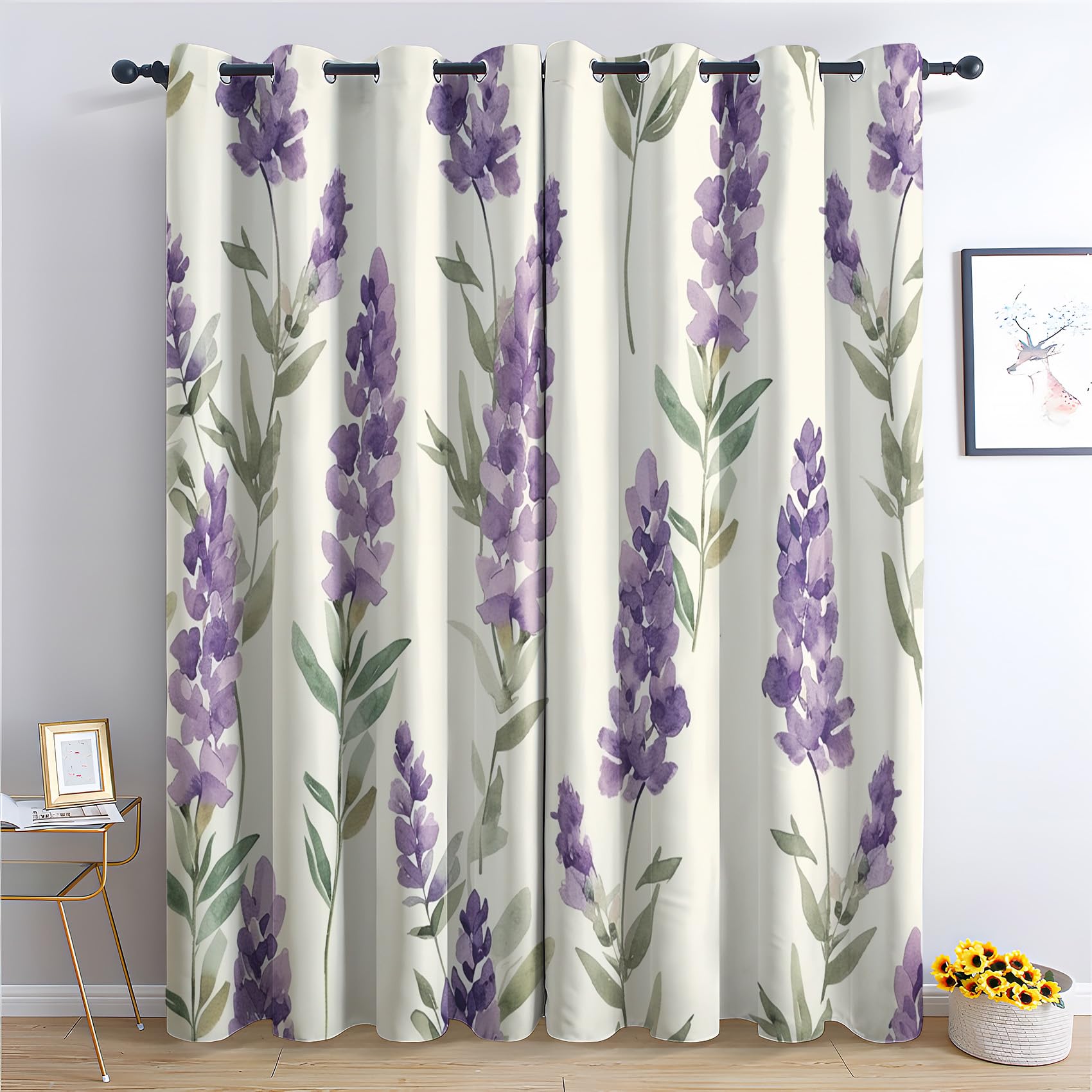Zcwl Lavender Floral Curtains For Bedroom Living Room, Lavender Flower Patterned Blackout Curtains, Thermal Insulated Eyelet Curtain, 54 Drop Window Treatments Drapes, 46X54 Inch (W X L), 2 Panels