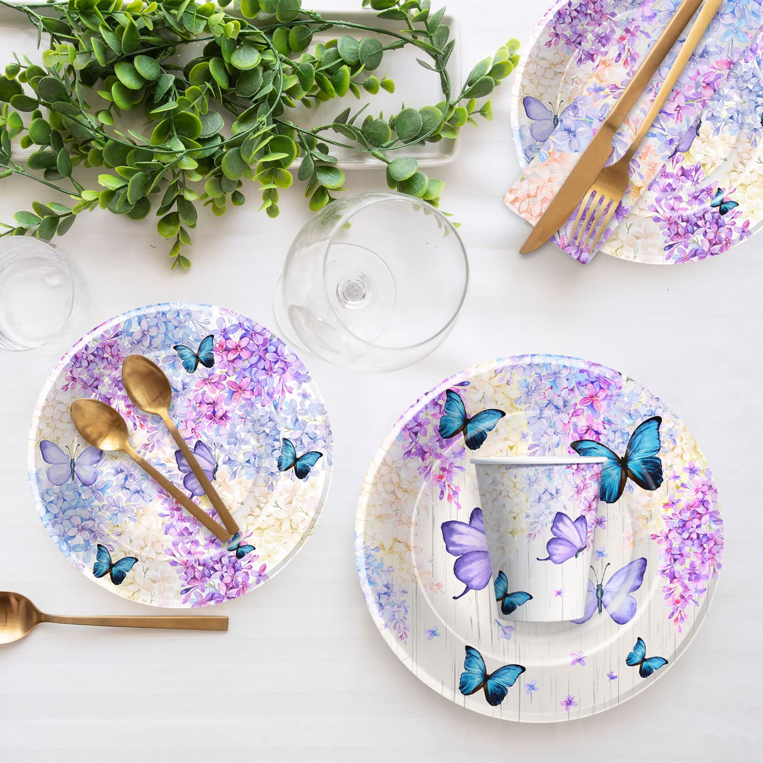 HIPVVILD Butterfly Party Supplies - Plates, Napkins, Forks, Tablecloth Set For 24, Purple Hydrangea Theme - View #10
