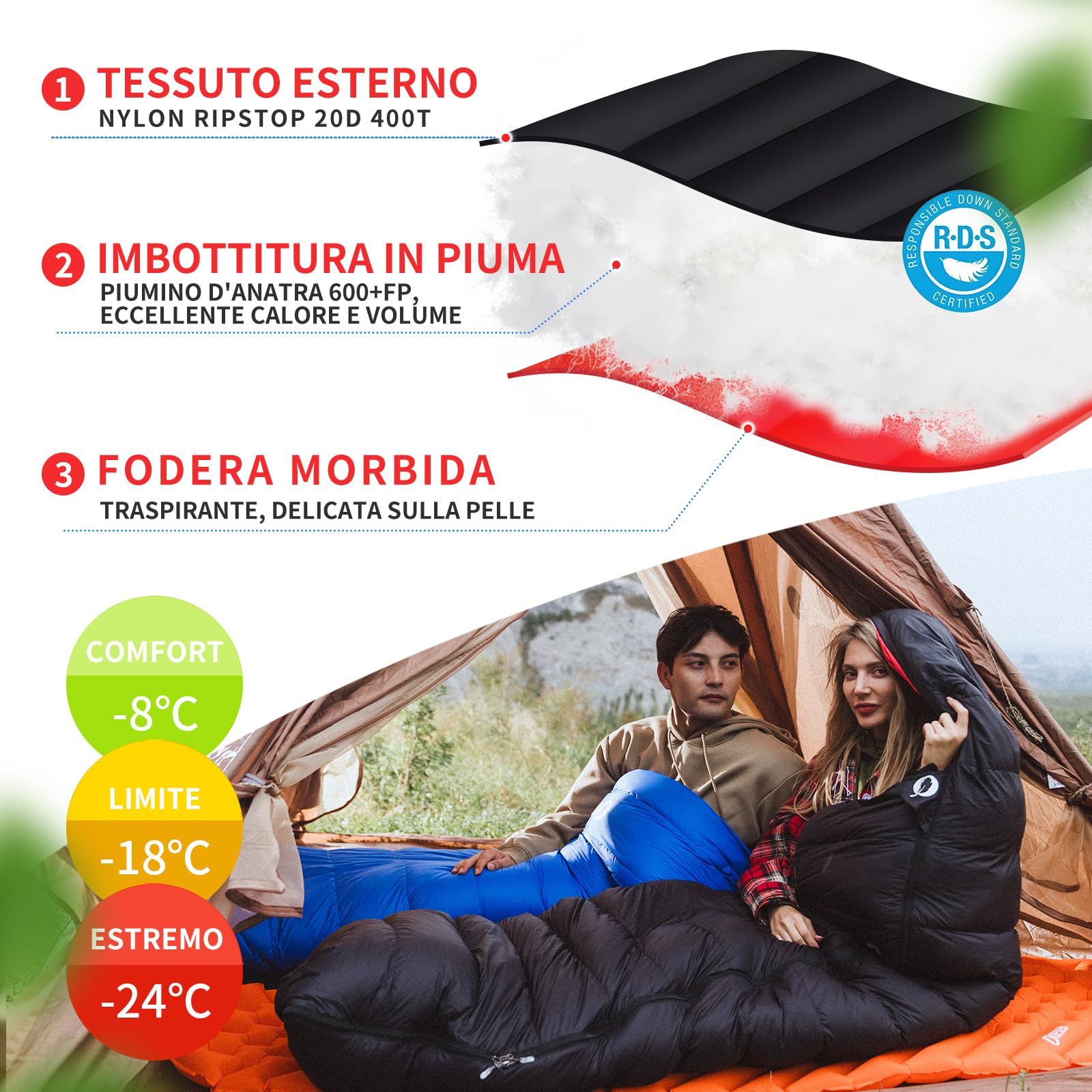 Sacco a pelo in piuma d'oca da 12 gradi, più leggero e caldo sacco a pelo invernale per campeggio, zaino in spalla ed escursionismo con piumino d'anatra da 600 FP 1200 g