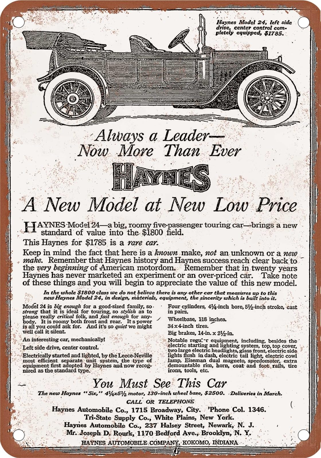 METAL SIGN - 1913 Haynes Vintage Ad 02 - Old Retro Rusty Look home decor