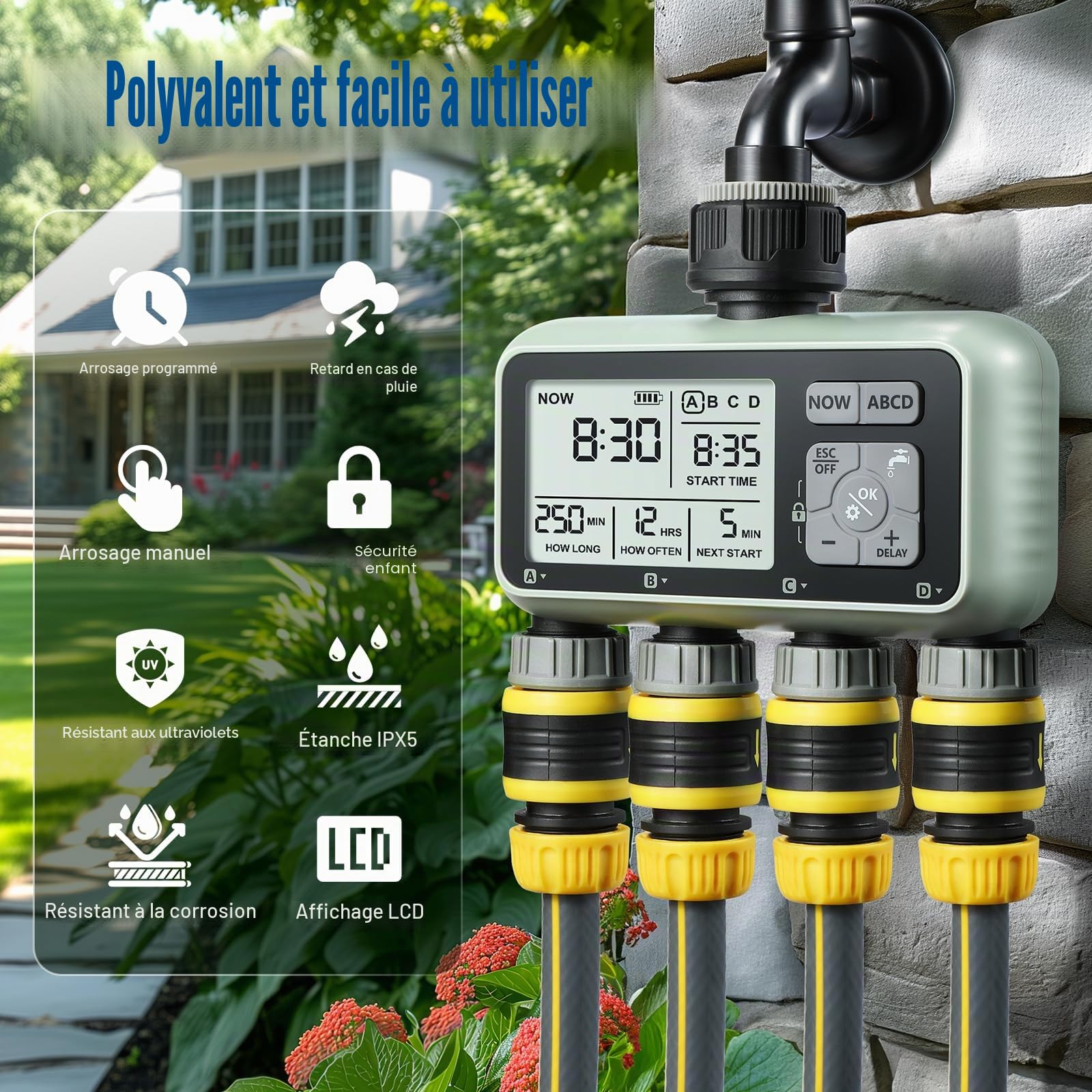 CROSOFMI 4 Voies Programmateur Arrosage Automatique Minuteur Arrosage pour Jardin Programmateur Robinet Arrosage Connecté/Mode Verrouillage Enfant/Mode Automatique & Manuel/Retard De Pluie/IPX5