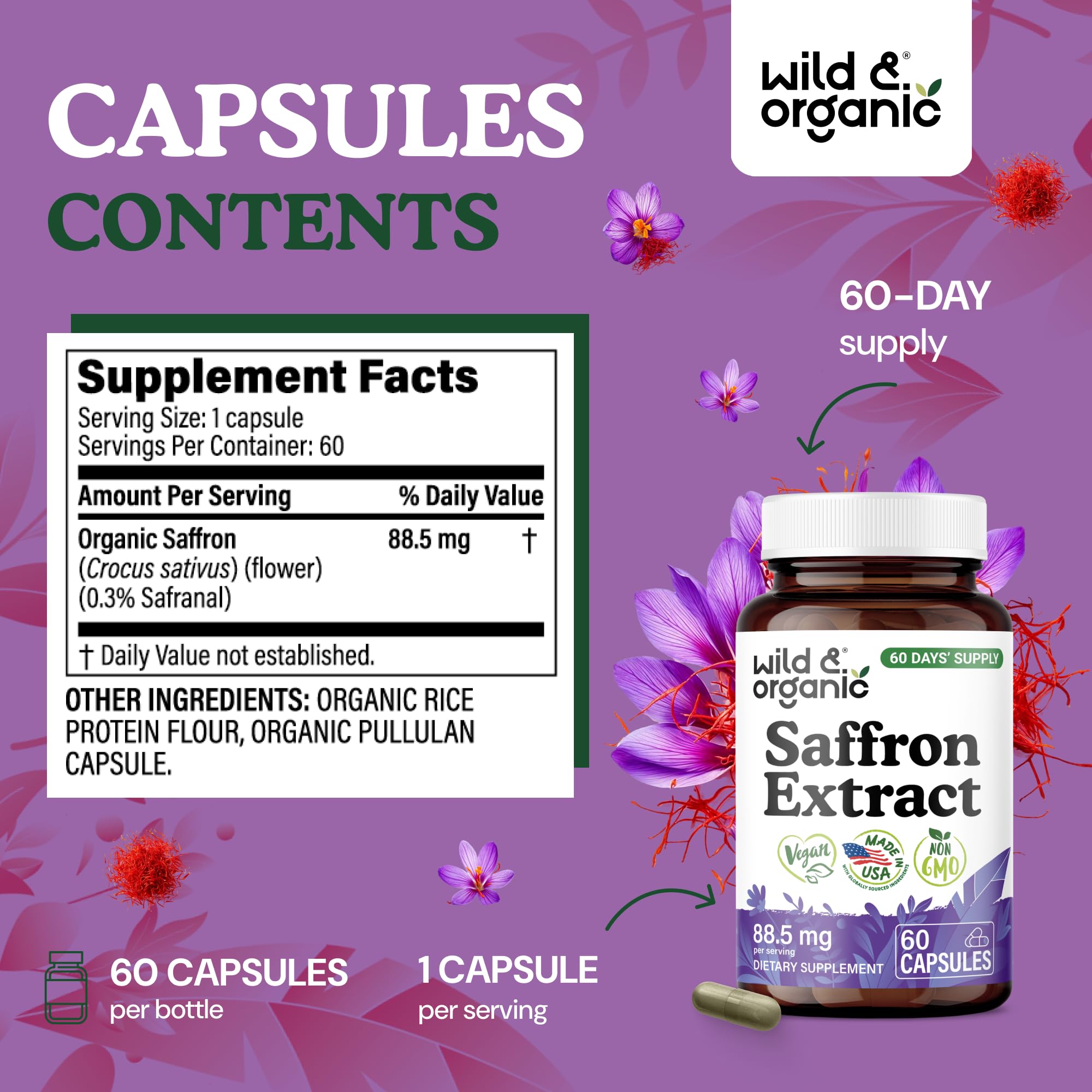 Wild & Organic Saffron Capsules 88.5 mg - Mood Support - 60 Count — Amazon image 3