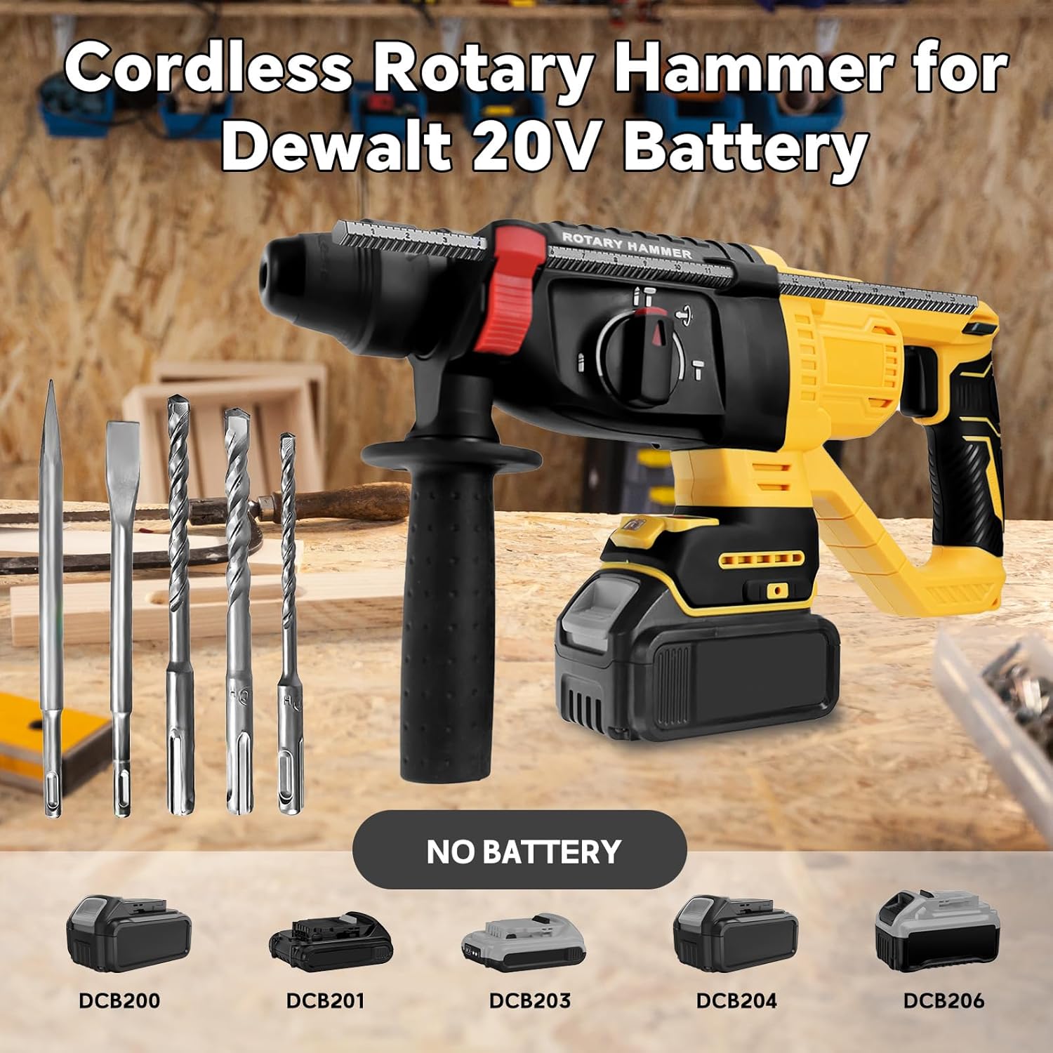 Cordless Rotary Hammer Drill for Dewalt 20V Battery, Brushless SDS-Plus 3 Joules Hammer Drill with 4 Modes, 360°Auxiliary Handle and 5 Drill Bits for Concrete/Masonry(Tool Only)