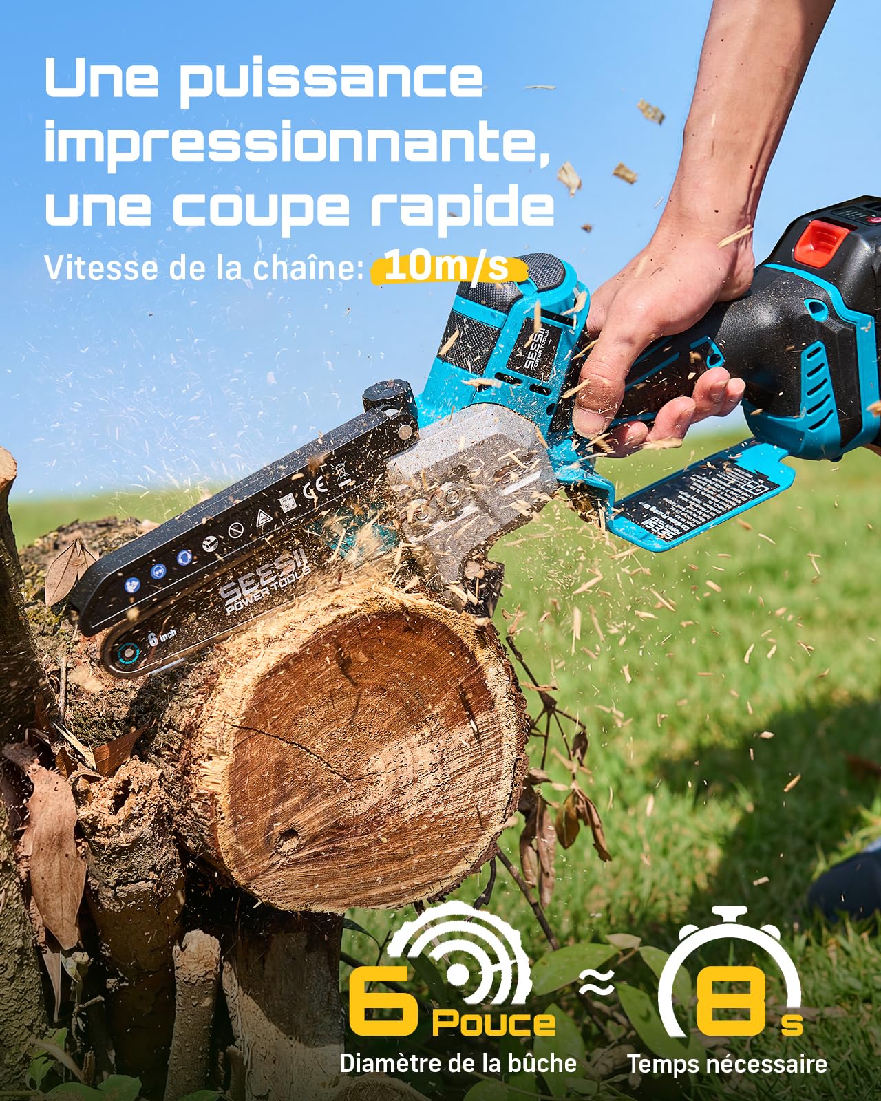 SEESII Mini Tronconneuse à Batterie 6 Pouces, Tronçonneuse Électrique Sans Balais, avec 2 * 4000 mAh Batterie, Lubrification Automatique, Compatible Makita 18V, Idéal Extérieur & Jardinage