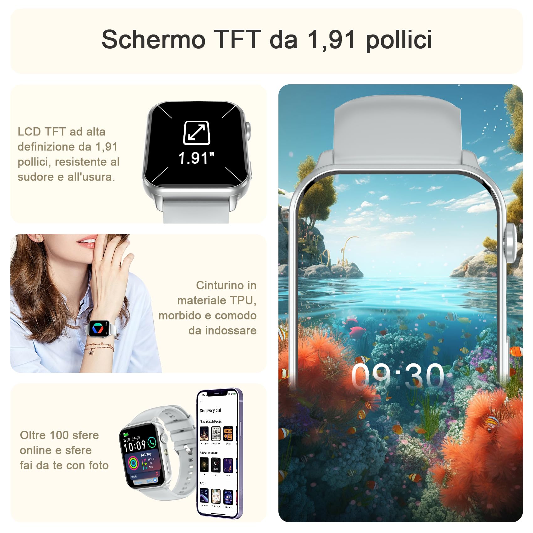 IOWODO Smartwatch Uomo Donna con Torcia LED, Chiamate Bluetooth,1.91" Schermo, Monitoraggio Cuore/SpO2/Sonno 24H,100 Modalità Sport, Fitness Tracker, IP68 Impermeabile, 2 Cinturini, per Android iOS
