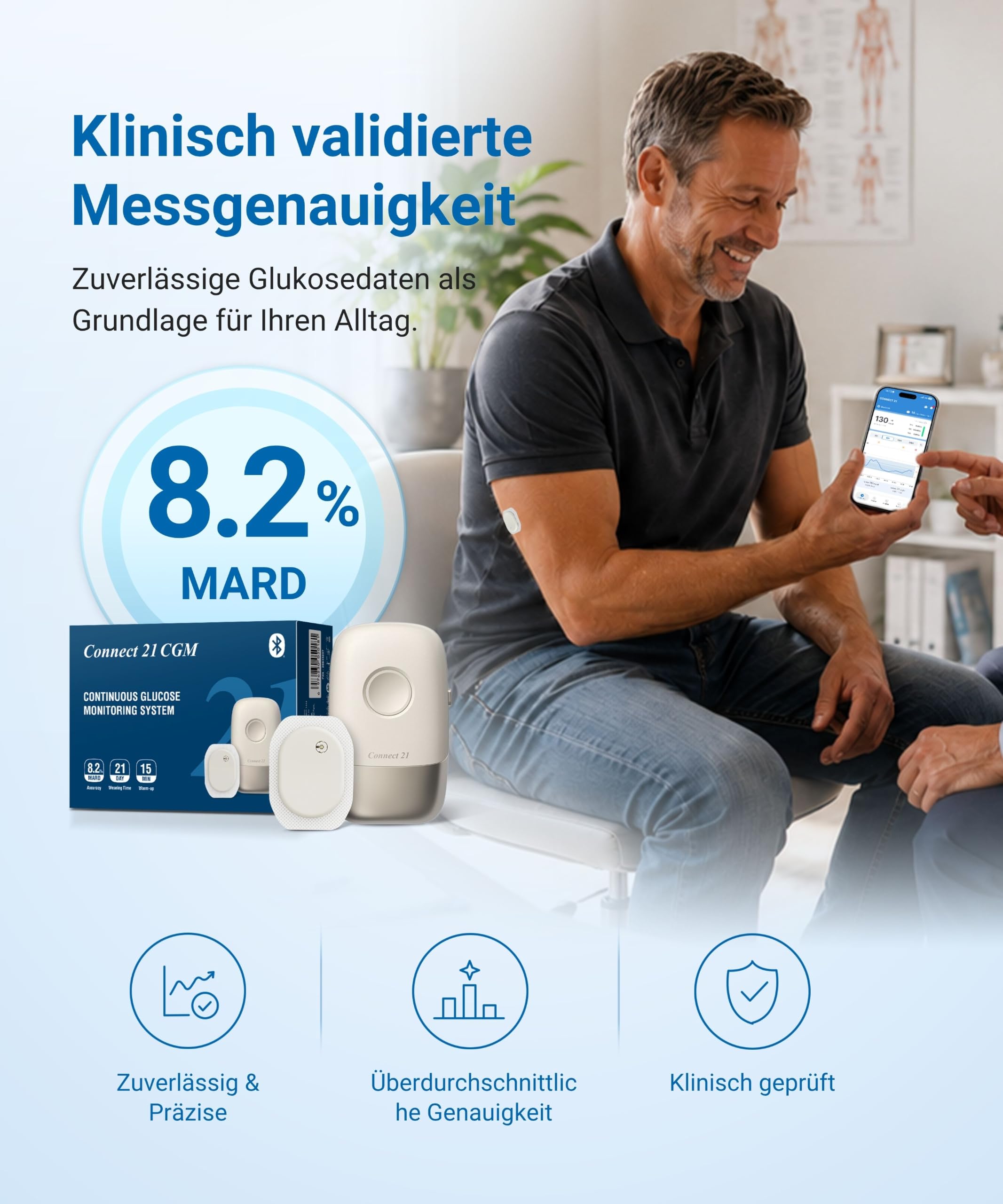 Sensore CGM Connect 21 – Misuratore di glicemia senza punture | 21 Giorni | 8,2% MARD | Impermeabile IP58 | App Bluetooth | CE 2797 | 1 Sensore con applicatore