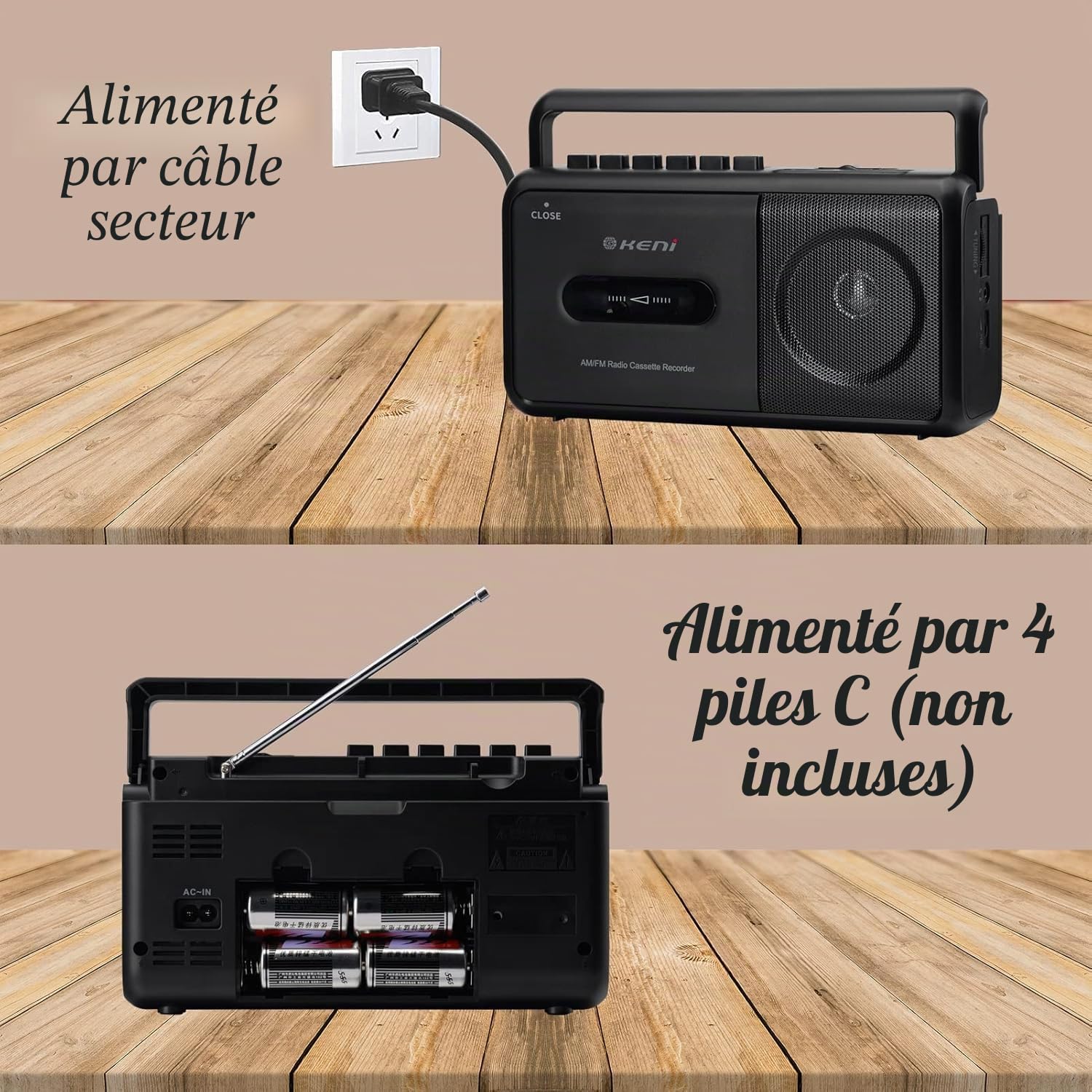 Lecteur cassette portable Boombox avec radio AM/FM stéréo, enregistreur cassette avec prise casque, alimenté par piles ou via prise secteur