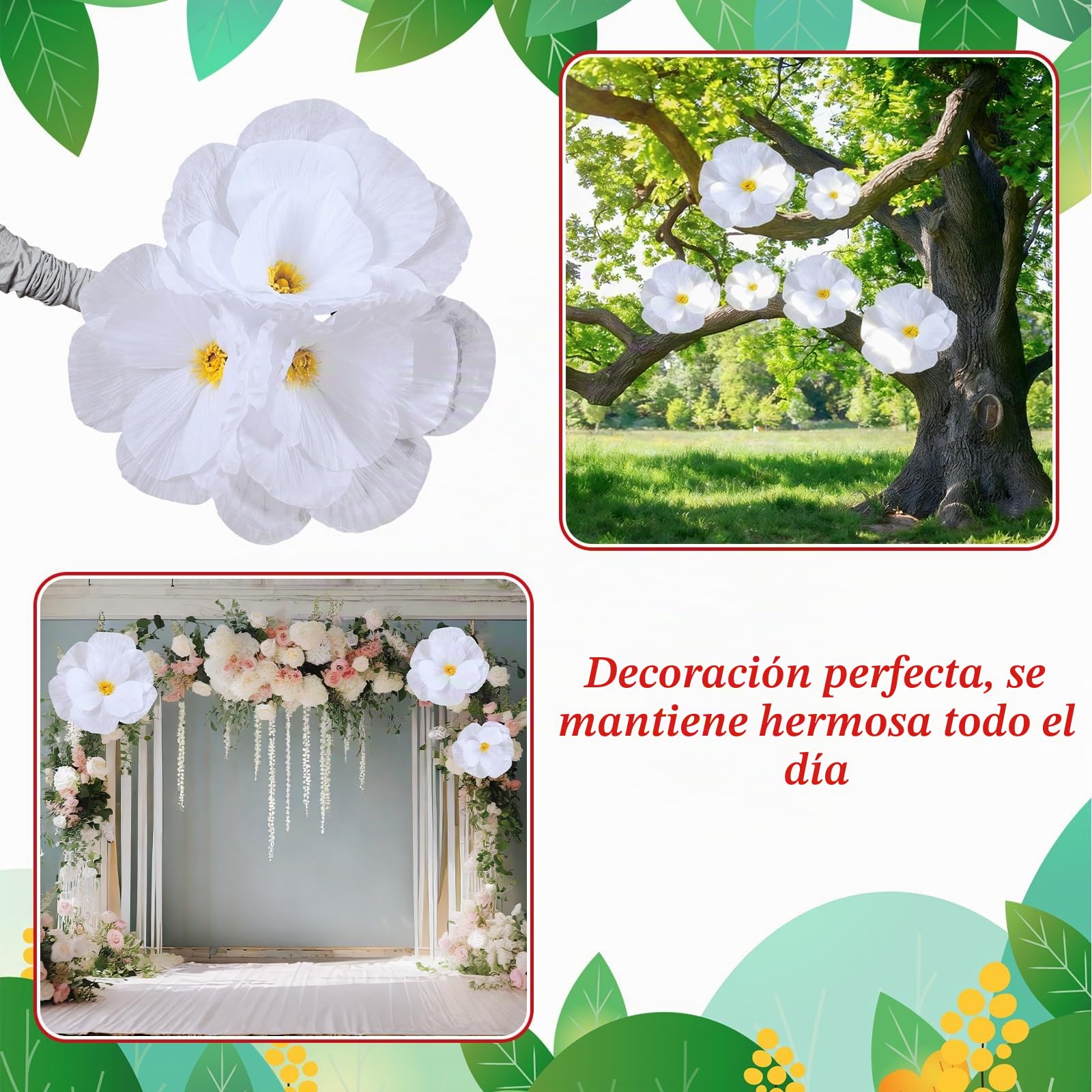 Norme - 3 flores gigantes blancas artificiales de papel, 40, 50, 60 centímetros, para decoración de boda, San Valentín, cumpleaños, ceremonia nupcial, fondo de habitación, fiesta, interior y exterior