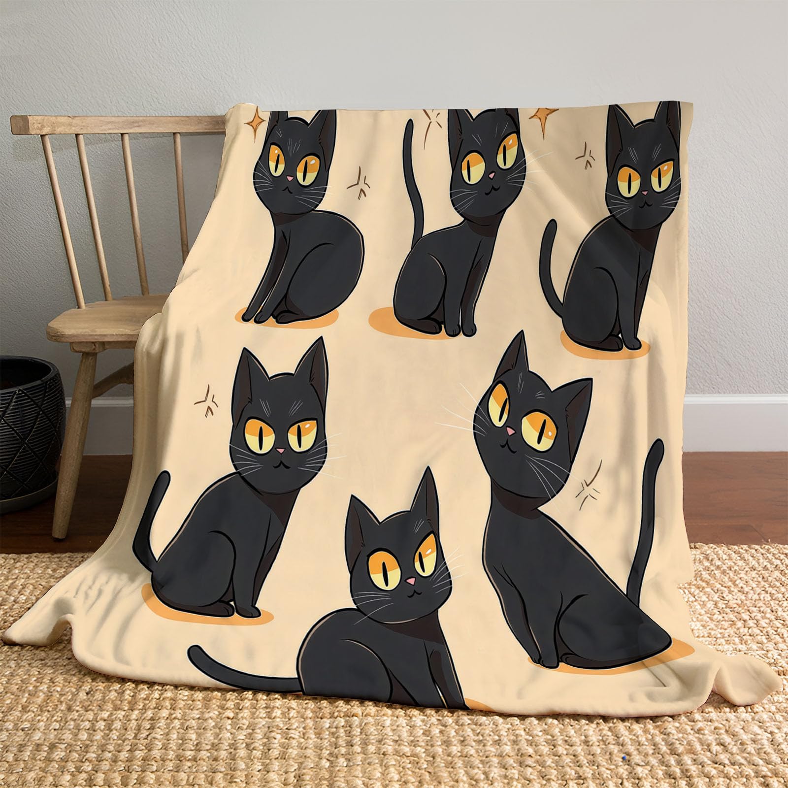 Manta Estampada Lindo Gato Negro, Suave y Mullida Ligera Franela Dibujos Animados Animales Negro Manta, para Adolescentes y Adultos habitación Cama Sofá y Viaje 180x200 cm
