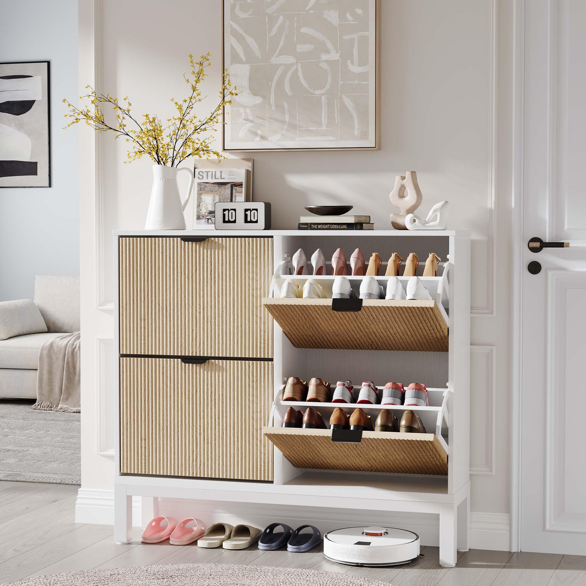 GarveeMore Schuhschrank Schmal, Schuhregal Mit 4 Klappen, Schuhkipper Mit Trennwände Verstellbar Und Abnehmbar, Schuhkommode Schuhschrank Holz Für Den