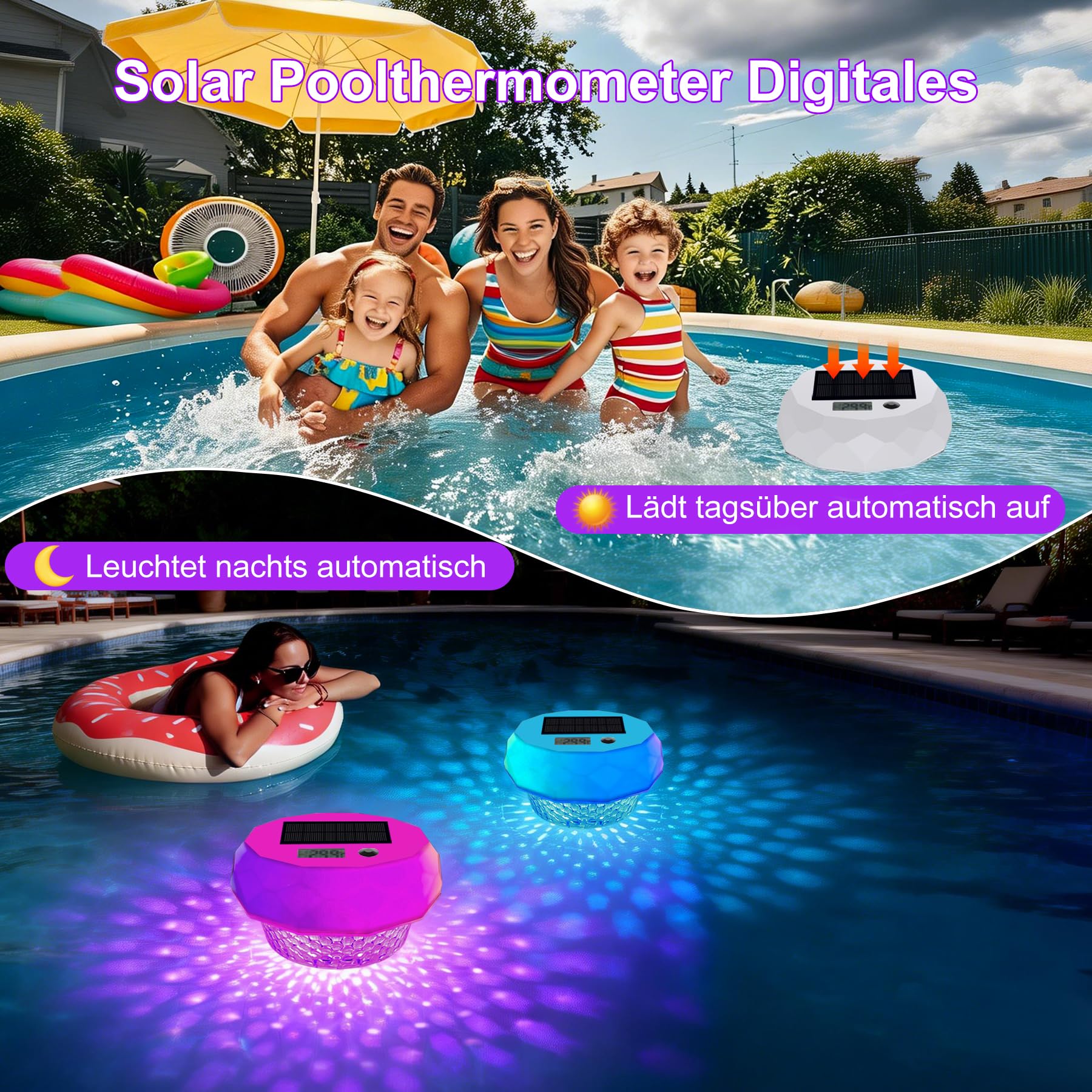 Solar Pool Thermometer Digital – Schwimmendes Thermometer mit LED-Bildschirm & Timerfunktion, 8 dynamische Lichteffekte, IP68 wasserdicht, solarbetrieben, für Pool & Teich