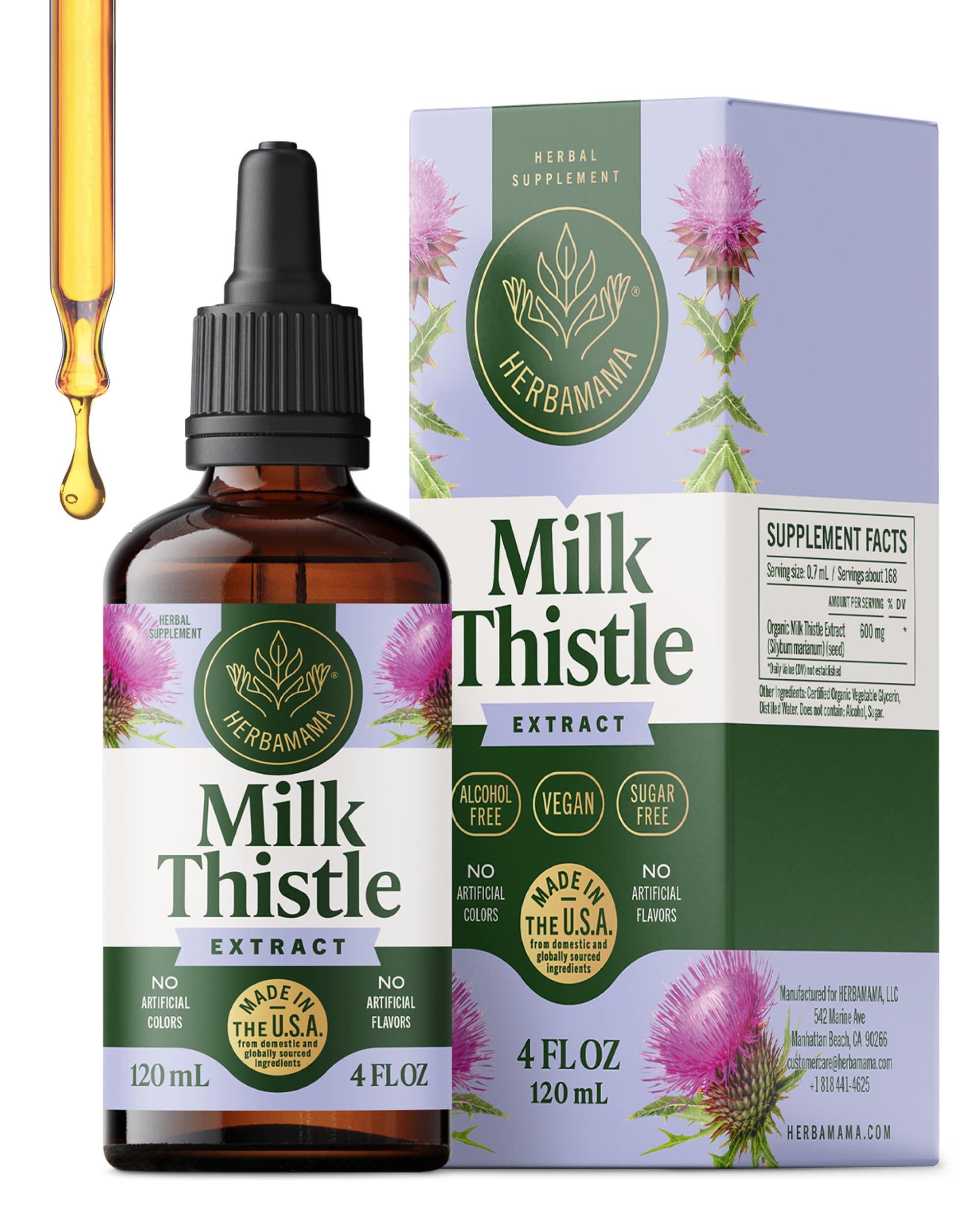 HERBAMAMA Milk Thistle Supplement - Vegan Liver Support with Milk Thistle Extract Tincture - Non-GMO, Alcohol & Sugar-Free Liquid Silymarin Liver Detox Drops, 56-Day Supply