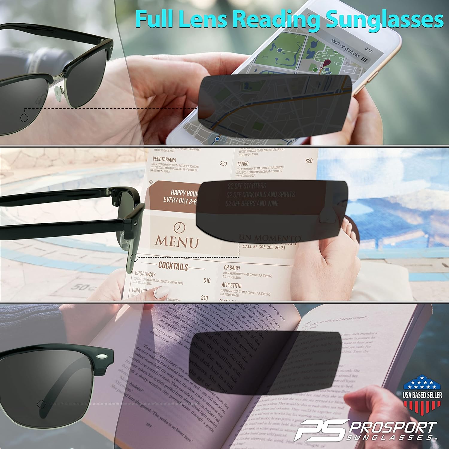 proSPORT Classic Reading Sunglass Reader Full Lens (not bifocal) Magnified Horn Rimmed Yacht Style