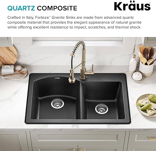 Miniatura 5 de Kraus Forteza - Fregadero de cocina de doble seno 6040 de granito de instalación empotradasobre encimera, 33pulgadas, color negro (KGD-50BLACK)