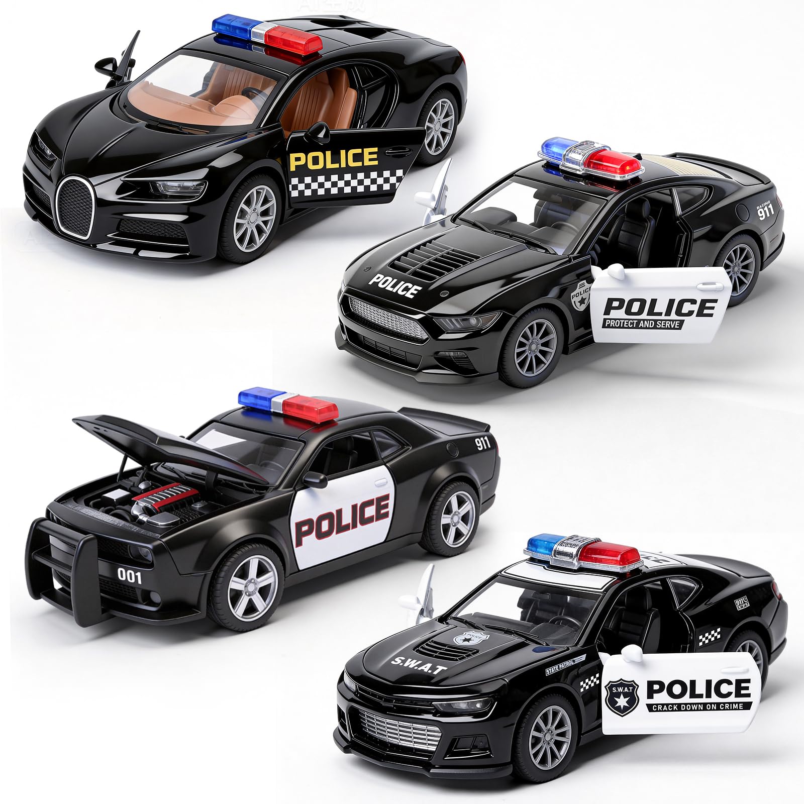 1/36 Metal Diecast Police Car Toy Set,4Pack Police Pull Back Toy Cars with 3 Opening Doors & 1 Hood Model Boys Cars Toy for Kids Ages 3 4 5 6 7 8 9 10 11 12 Years Old