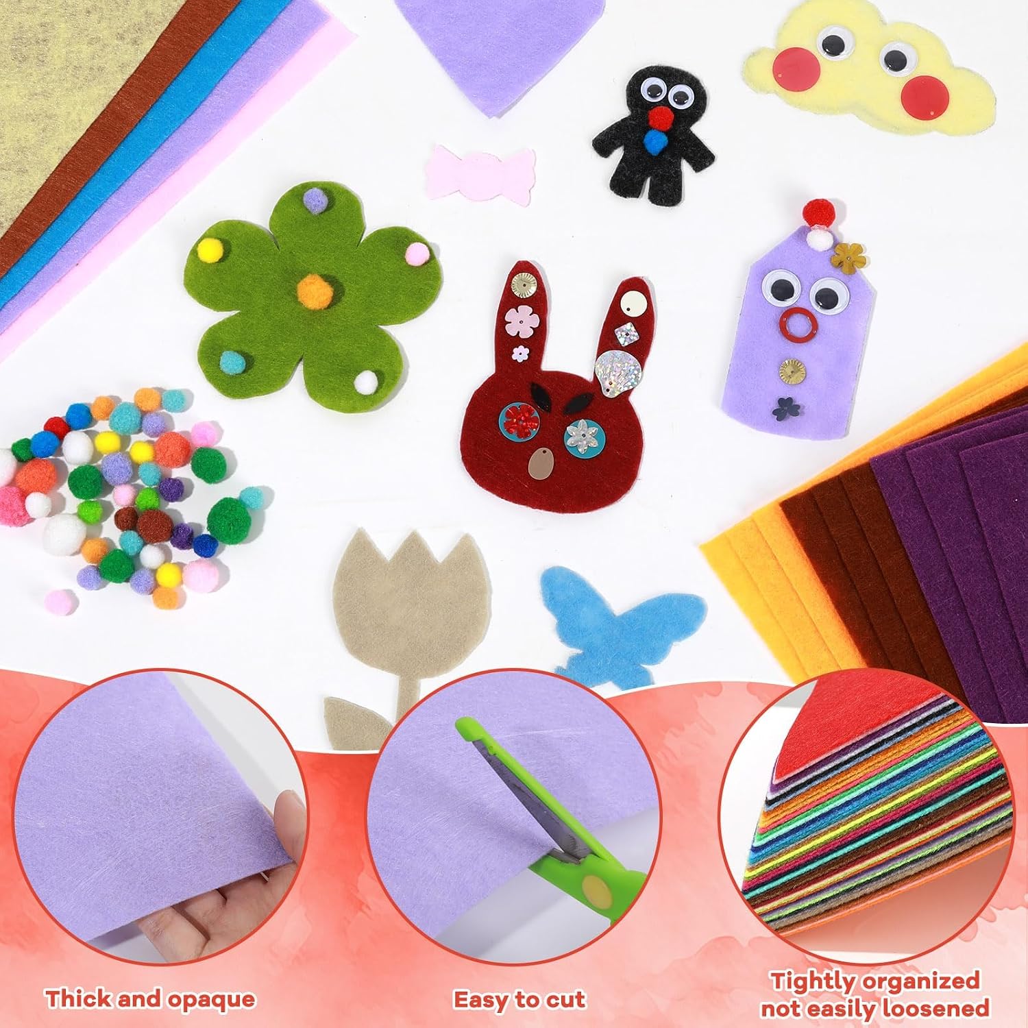 gisgfim 120Pcs Colorful Felt Fabric Sheets 8 x 12 Inch 40 Assorted Color Soft Thick Felt Pack with Wiggle Eyes Pom Poms Glitter Patchwork Craft Supply for DIY Sewing Creative Art Project Decor