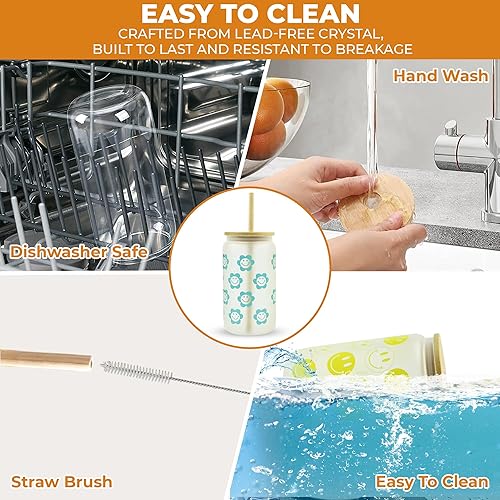 Miniatura 7 de Juego de 4 vasos de vidrio por sublimación, 16 onzas, vaso de cerveza con tapas y pajita, vasos de vidrio esmerilado con tapas y pajitas, vaso de