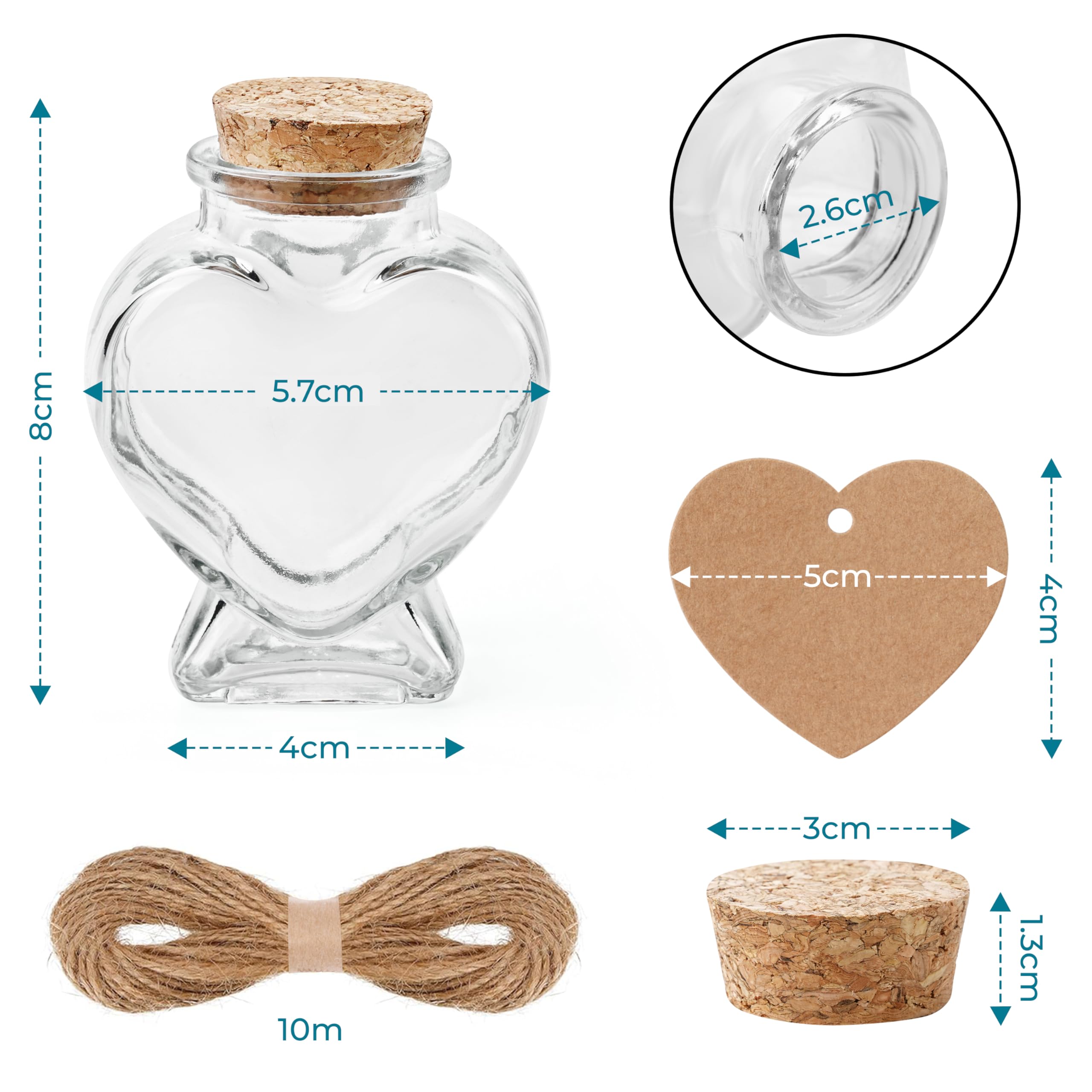 Winter Shore Boccette Vetro Tappo Sughero Cuore da 70 ml con Etichette e Cordoncini - Set da 12 Bottiglie Particolari per Messaggi e Bricolage