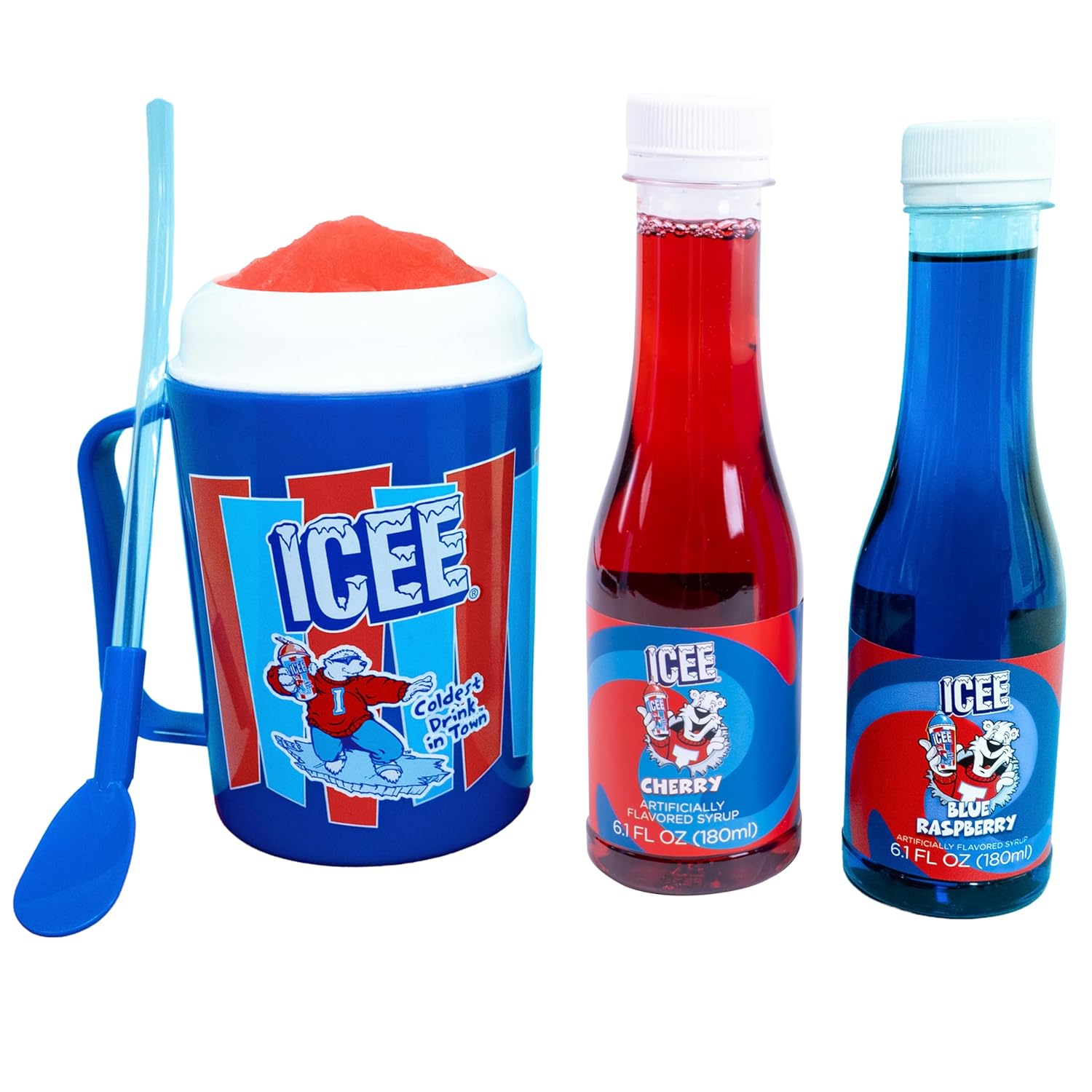 ICEE Making Cup & 2 Syrups Set – Officially Licensed, Reusable Slushie Cup with Classic Cherry & Tangy Blue Raspberry Syrups – DIY Frozen Drink Maker for Home & Parties.