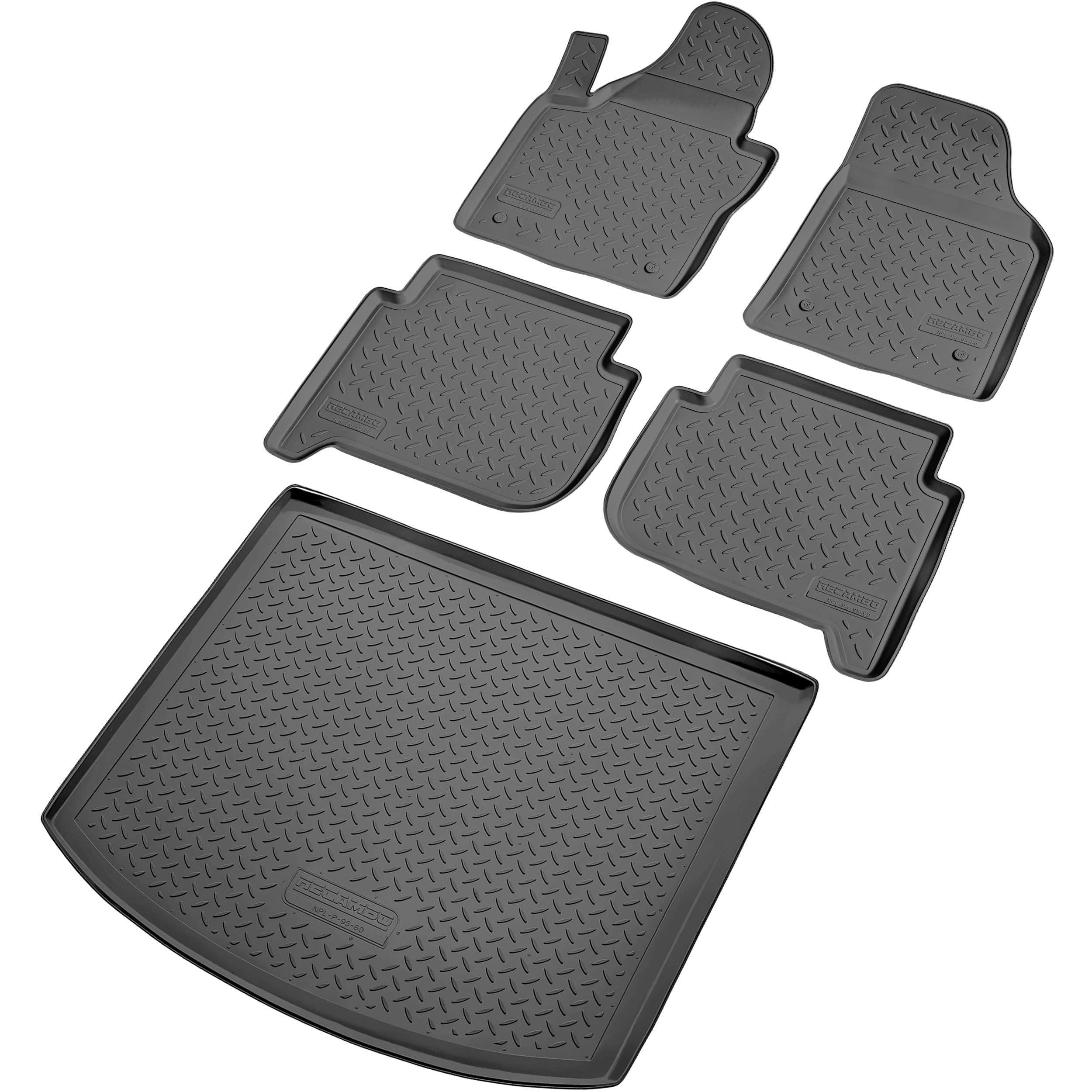 Recambo Juego de alfombrillas de goma y bandeja para maletero para VW Touran I, tipo 1T | 2003 2015 100 % ajuste perfecto, alfombrillas y maletero de TPE antideslizante , color negro