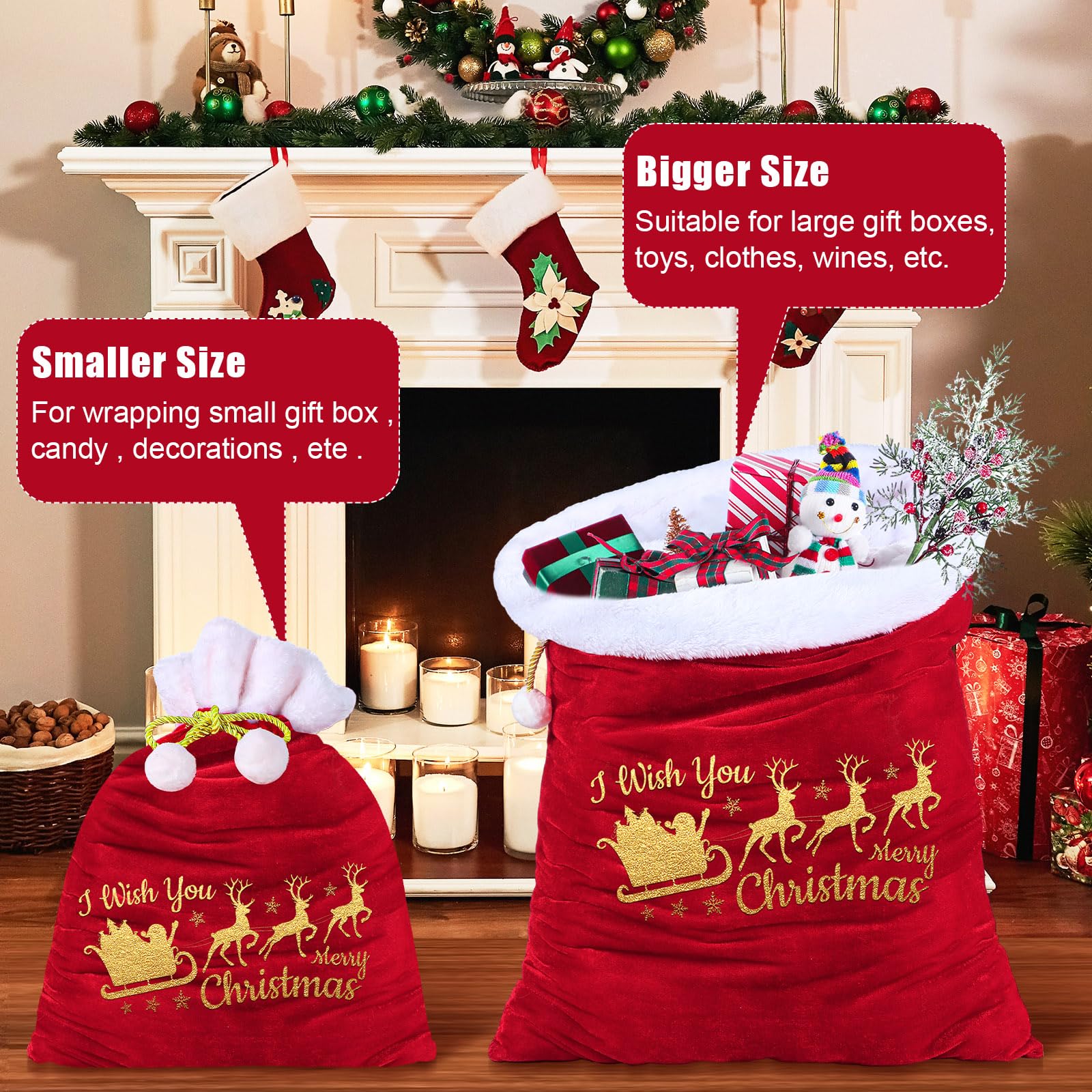 Wesnoy 2 bolsas de terciopelo de Papá Noel con cordón en 2 tamaños, bolsas de regalo de Papá Noel, bolsas grandes de Navidad, bolsas de regalo para decoración de fiestas de Navidad (rojo, dorado, 44 x